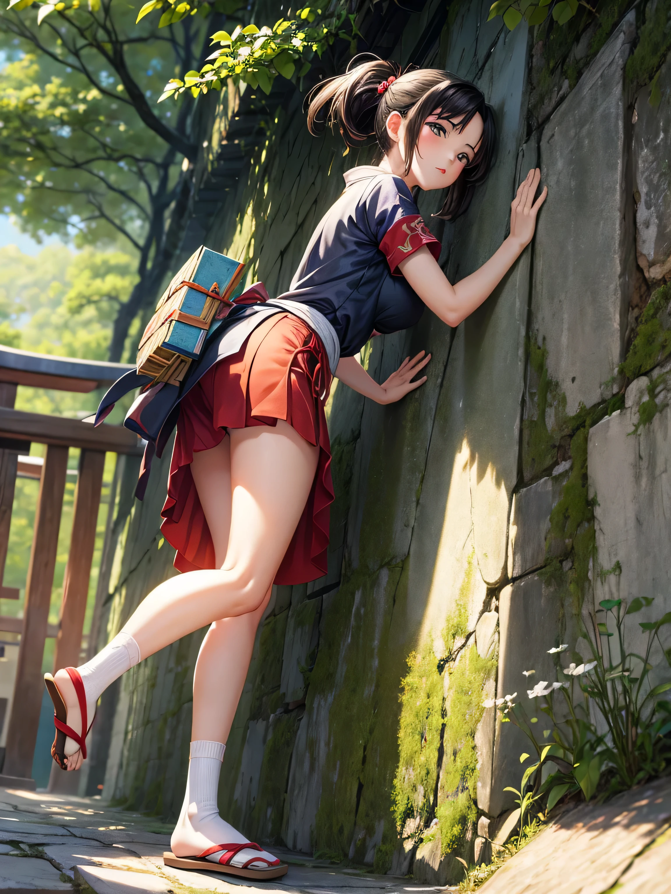 Anime-like touch, Edo Period, A woman is trying to climb a wall, Wearing tabi socks and zori sandals, masterpiece, High resolution, masterpiece