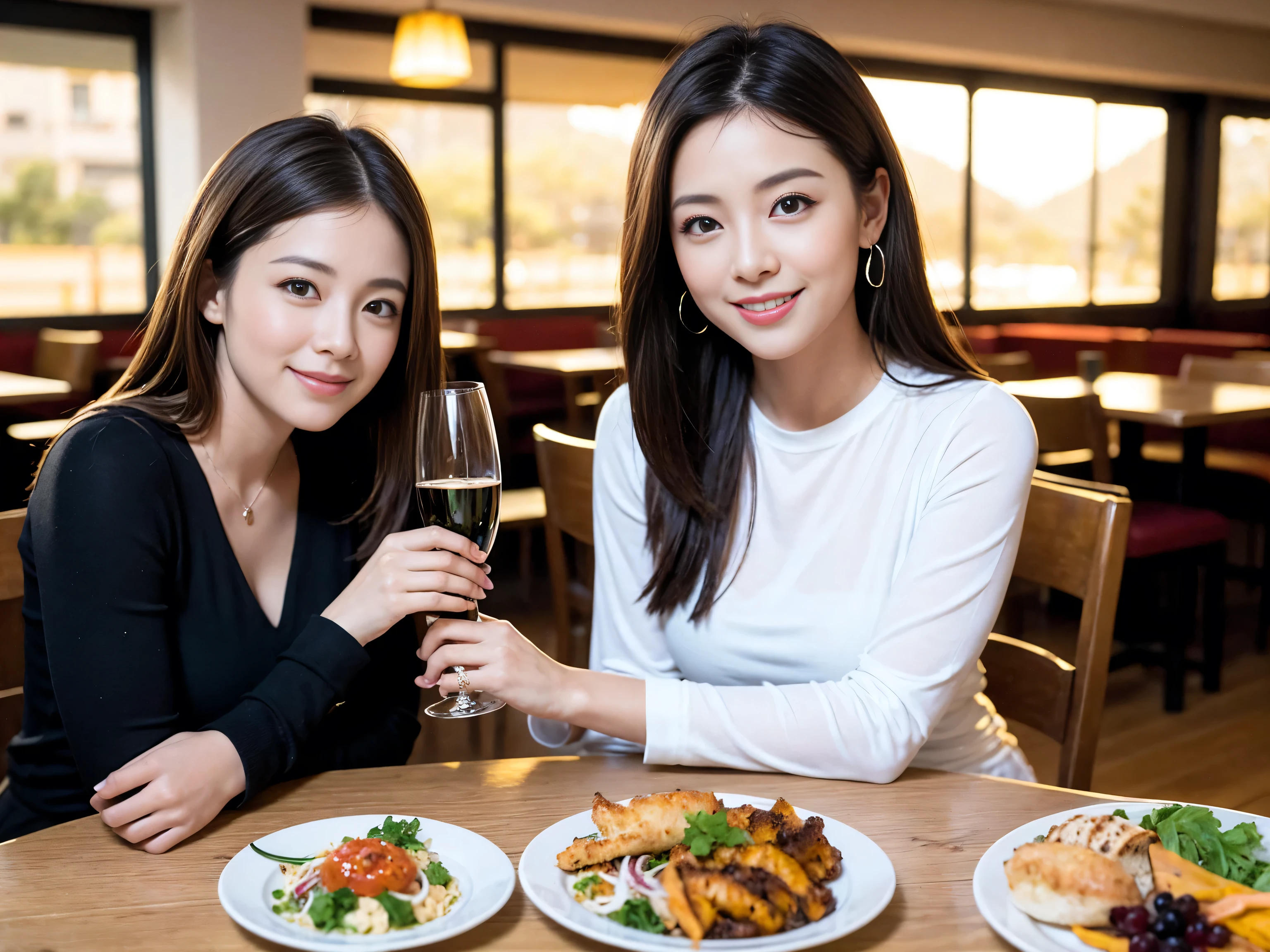 ((highest quality、8k、masterpiece:1.3))、Satomi Ishihara lookalike beauty、1 male、1 female、Couple、Spouse、half、The body is slim、((Bob Hale、Straight hair:1.2)), (Realistic, Intricate details:1.2), Wine glass on the table、Shine light on your face、 Amazing view of the sunset sky and clouds、Amazing mountain views、A bright smile、The wonderfulness of smile、Bright image、The beauty of wine, Beautiful Face, blue eyes, The light shines on your face, Blushing, short hair,Bright Face、 (Age 37), 39 years old, red wine 、Appetizers、Italian food、Wine bottle、Champagne、sparkling wine、Two beauties、Brown Hair、Shortcuts、Long sleeve shirt、dress、Pretty Woman 1, (Slim face), (The body is slim), (Brown Hair), (Shortcuts), cheeks turn a little red,Attractive beauty、restaurant, In a prominent place (From the waist up) Nova Frog Style, actress, model, Upper Body, White wine, slim, wine glass, A wine glass placed in the center, smile, (smile: 1.15), Beautiful fine grain, Depth f/2,saturation, High Contrast, Strong light and shadow,Moist Body:1.5、3D texture、Delicate eyes、Brown Hair、The hair is very shiny、