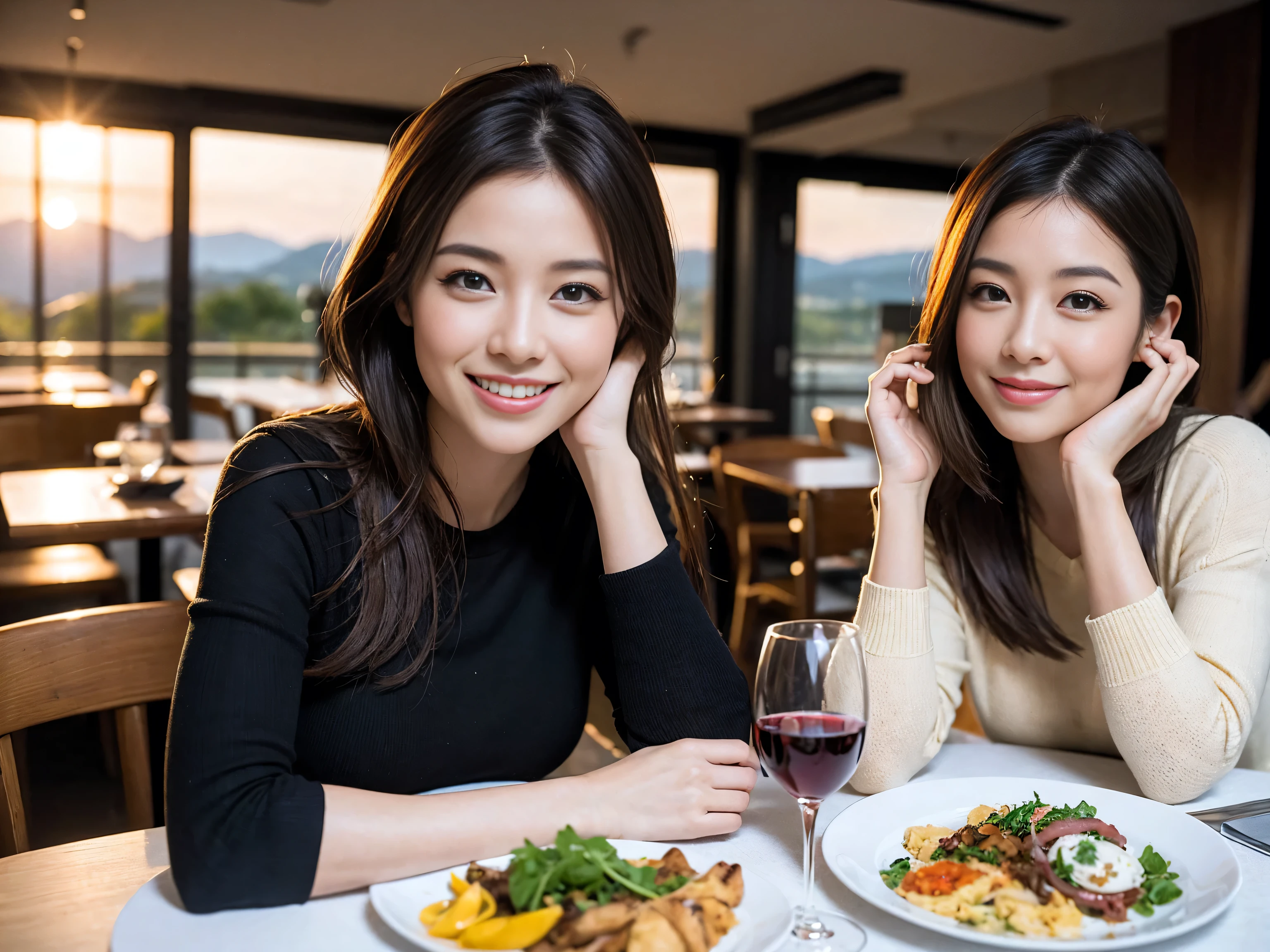 ((highest quality、8k、masterpiece:1.3))、Satomi Ishihara lookalike beauty、1 male、1 female、Couple、Spouse、half、The body is slim、((Bob Hale、Straight hair:1.2)), (Realistic, Intricate details:1.2), Wine glass on the table、Shine light on your face、 Amazing view of the sunset sky and clouds、Amazing mountain views、A bright smile、The wonderfulness of smile、Bright image、The beauty of wine, Beautiful Face, blue eyes, The light shines on your face, Blushing, short hair,Bright Face、 (Age 37), 39 years old, red wine 、Appetizers、Italian food、Wine bottle、Champagne、sparkling wine、Two beauties、Brown Hair、Shortcuts、Long sleeve shirt、dress、Pretty Woman 1, (Slim face), (The body is slim), (Brown Hair), (Shortcuts), cheeks turn a little red,Attractive beauty、restaurant, In a prominent place (From the waist up) Nova Frog Style, actress, model, Upper Body, White wine, slim, wine glass, A wine glass placed in the center, smile, (smile: 1.15), Beautiful fine grain, Depth f/2,saturation, High Contrast, Strong light and shadow,Moist Body:1.5、3D texture、Delicate eyes、Brown Hair、The hair is very shiny、