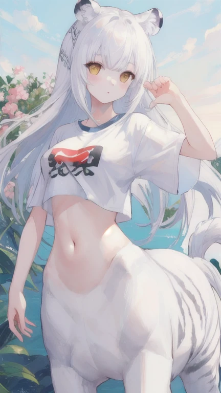 (best quality, masterpiece), 1 girl, centaur, It takes,White skin, belly button t-shirt, 아름다운 소녀 perfect white tiger photo, perfect white tiger photo