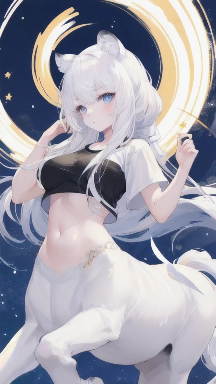 (best quality, masterpiece), 1 girl, centaur, It takes,White skin,  belly button t-shirt, 아름다운 소녀 perfect white tiger photo, perfect white tiger photo