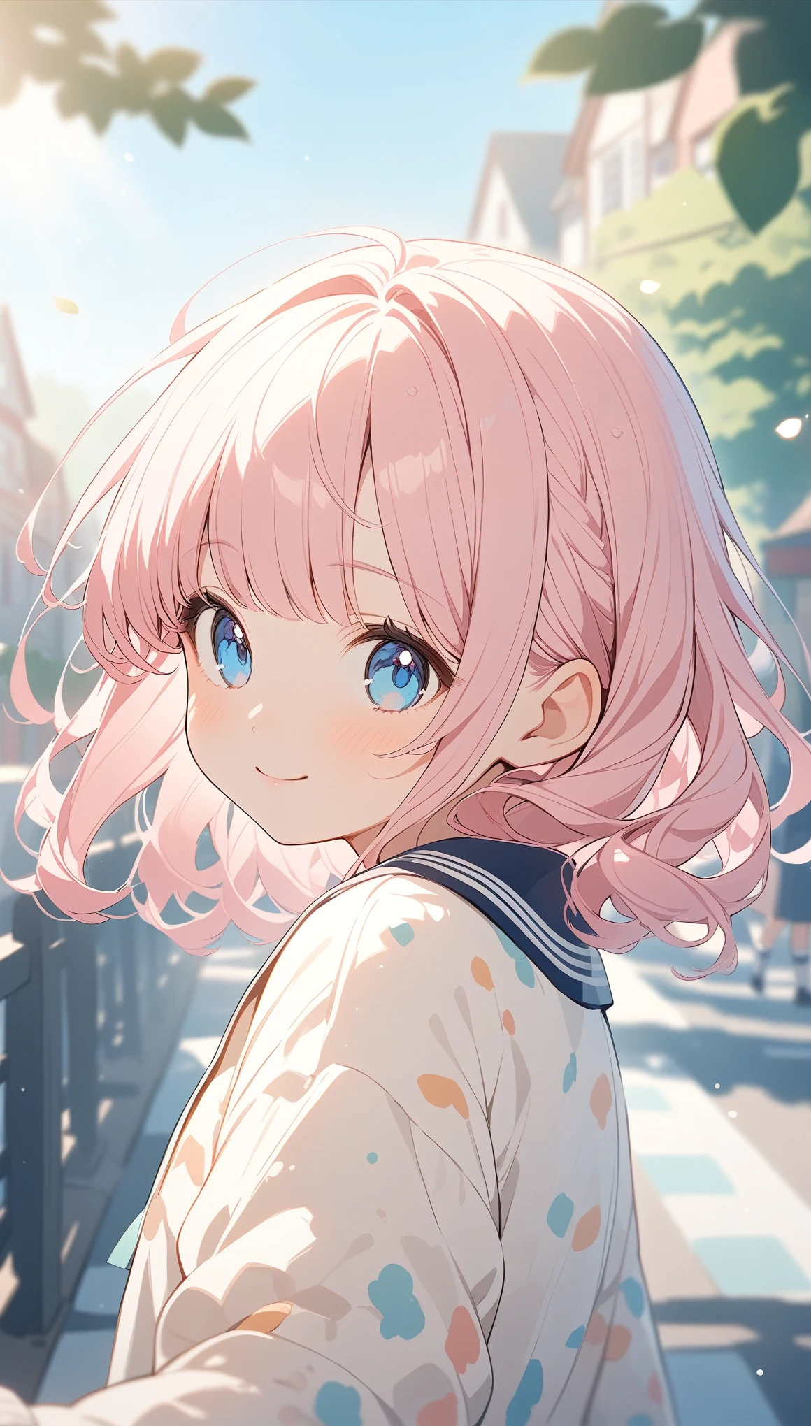 Anime Style, Very detailedなイラスト, Very detailed, beautiful, 8k, ( alone), Cute baby face, Super cute, smile,｛school uniform, Plain,Plain cardigan｝, (Outdoor, Town Street) ,Pink Hair,short straight bangs, smile,blue eyes, , Raise the hand, From the side ,(Speckled sunlight:1.2),Blurred,(Written boundary depth:1.1),Tilt your head,(Thigh-high socks:1.3),(Upper Body:1.3)
