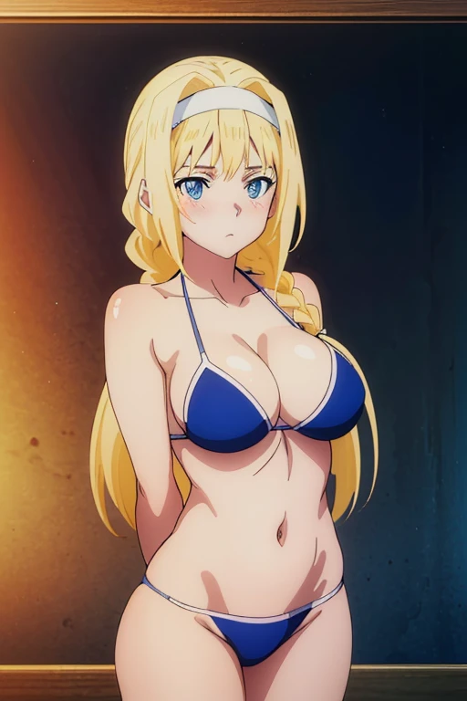 (masutepiece, Best Quality, High resolution:1.5, anime colours, megami magazine:1.2, anime poster style, anime keyvisual, sharp, 8k, photorealistic), (arms behind back), (beautiful eyes:1.5, beautiful face), Alice Zuberg, 1girl, solo, Cute, (white headband), (blond Long Hair, hair braid), blush, (sagging large breasts), (blue bikini), cleavage, (cowboy shot), (Perfect detailed Anatomy, beautiful detailed hair, perfect detailed body:1.2, shiny skin), (thick outline, Beautiful outlines, black outlines), simple background,
