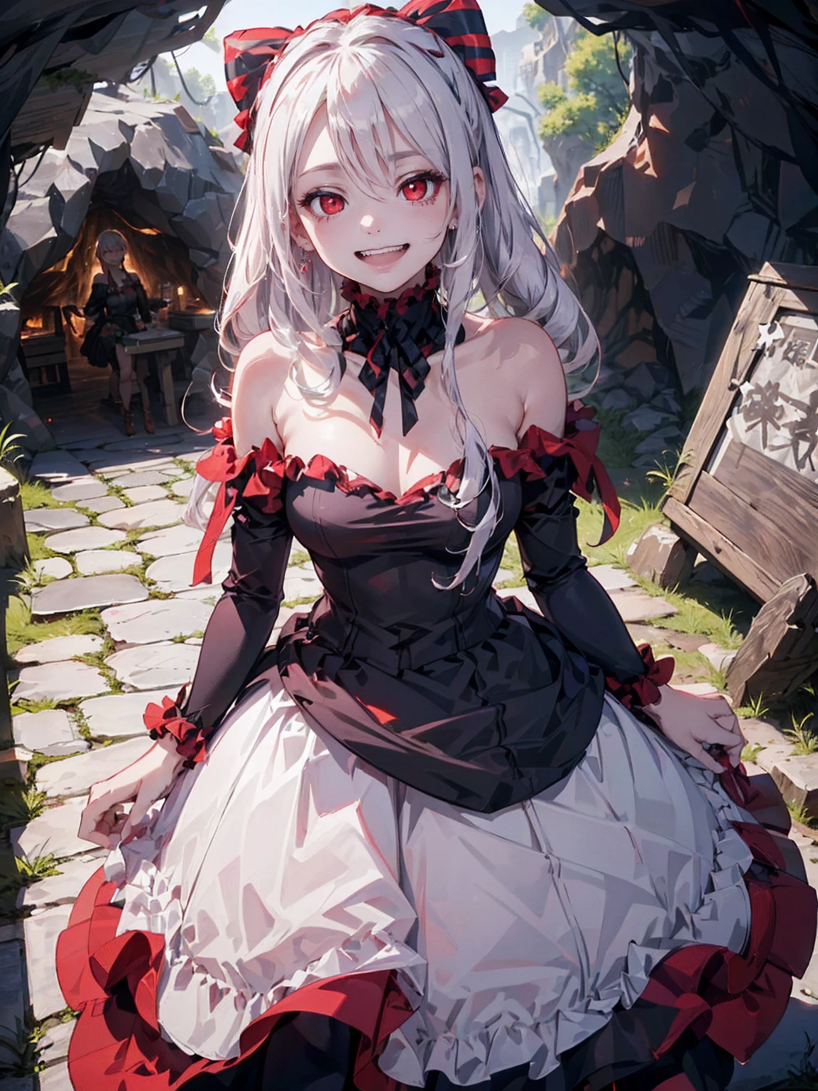 Shalltear Bloodfallen, Overlord, Bloodstained, Casual Dress, One girl, alone, Red eyes, smile, Off-the-shoulder dress, Long Hair, ((Dark Cave, Shining Eyes, 迫力あるsmile, crazy laughter:1.5)), ((Double teeth, Canine))　　　　
