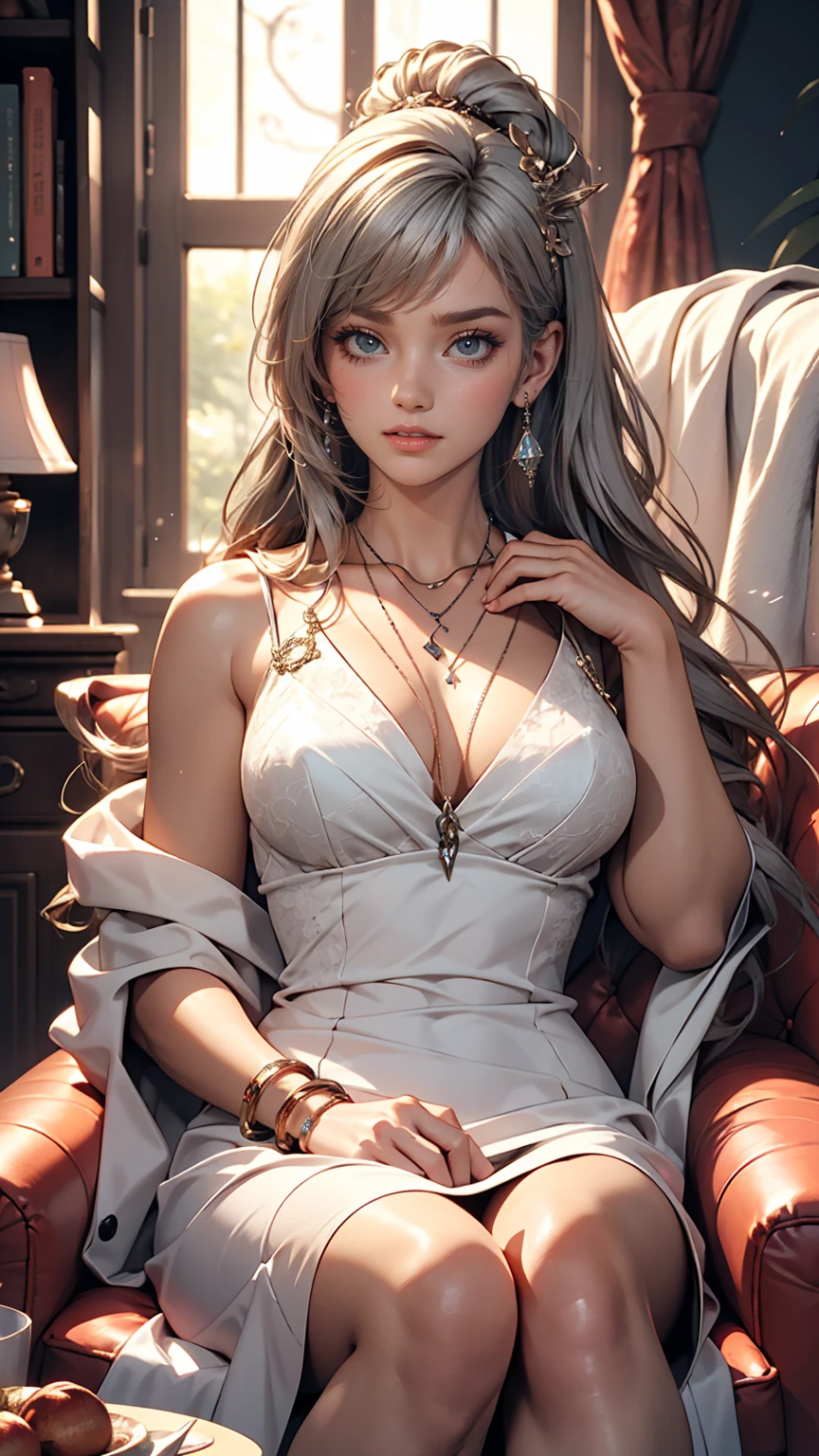 st. Louis (Luxury Wheels) (Azur Lane), One girl, hair ornaments, Earrings, necklace, Portraiture, Silver Dress, Revealing clothing, View Viewer, alone