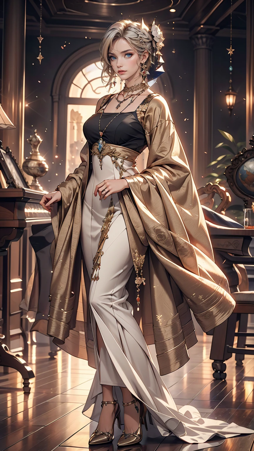 st. Louis (Luxury Wheels) (Azur Lane), One girl, hair ornaments, Earrings, necklace, Portraiture, Silver Dress, Revealing clothing, View Viewer, alone