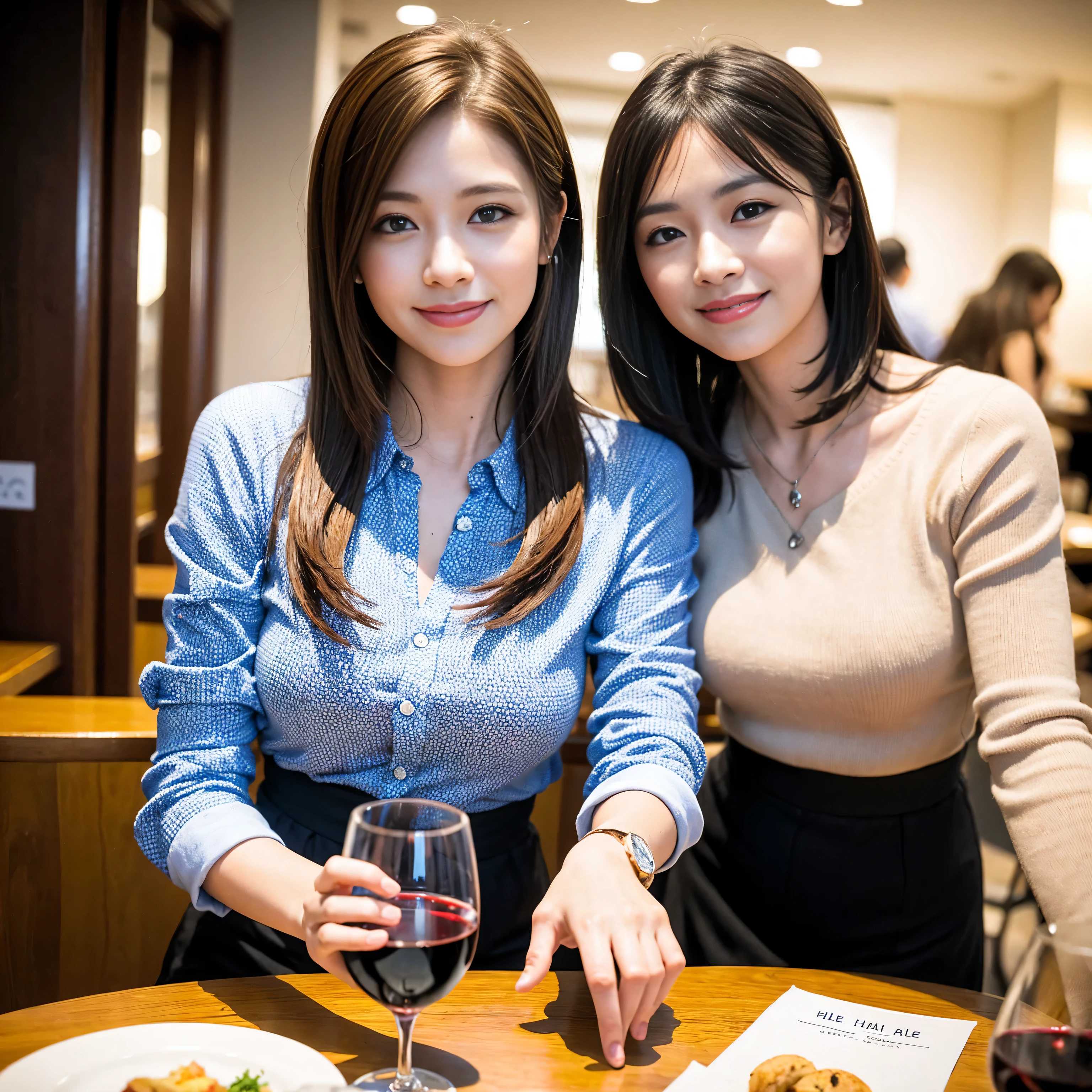 ((highest quality、8k、masterpiece:1.3))、1 male、1 female、Couple、Spouse、Satomi Ishihara-like beautiful couple、The body is slim、((Bob Hale、Straight hair:1.2)), (Realistic, Intricate details:1.2), Wine glass on the table、Shine light on your face、 Amazing view of the sunset sky and clouds、Amazing mountain views、A bright smile、The wonderfulness of smile、Bright image、The beauty of wine, Beautiful Face, blue eyes, The light shines on your face, Blushing, short hair,Bright Face、 (Age 35), 39 years old, red wine 、Appetizers、Italian food、Wine bottle、Champagne、sparkling wine、Two beauties、Brown Hair、Shortcuts、Long sleeve shirt、dress、Pretty Woman 1, (Slim face), (The body is slim), (Brown Hair), (Shortcuts), cheeks turn a little red,Attractive beauty、restaurant, In a prominent place (From the waist up) Nova Frog Style, actress, model, Upper Body, White wine, slim, wine glass, A wine glass placed in the center, smile, (smile: 1.15), Beautiful fine grain, Depth f/2,saturation, High Contrast, Strong light and shadow,Moist Body:1.5、3D texture、Delicate eyes、Brown Hair、The hair is very shiny、