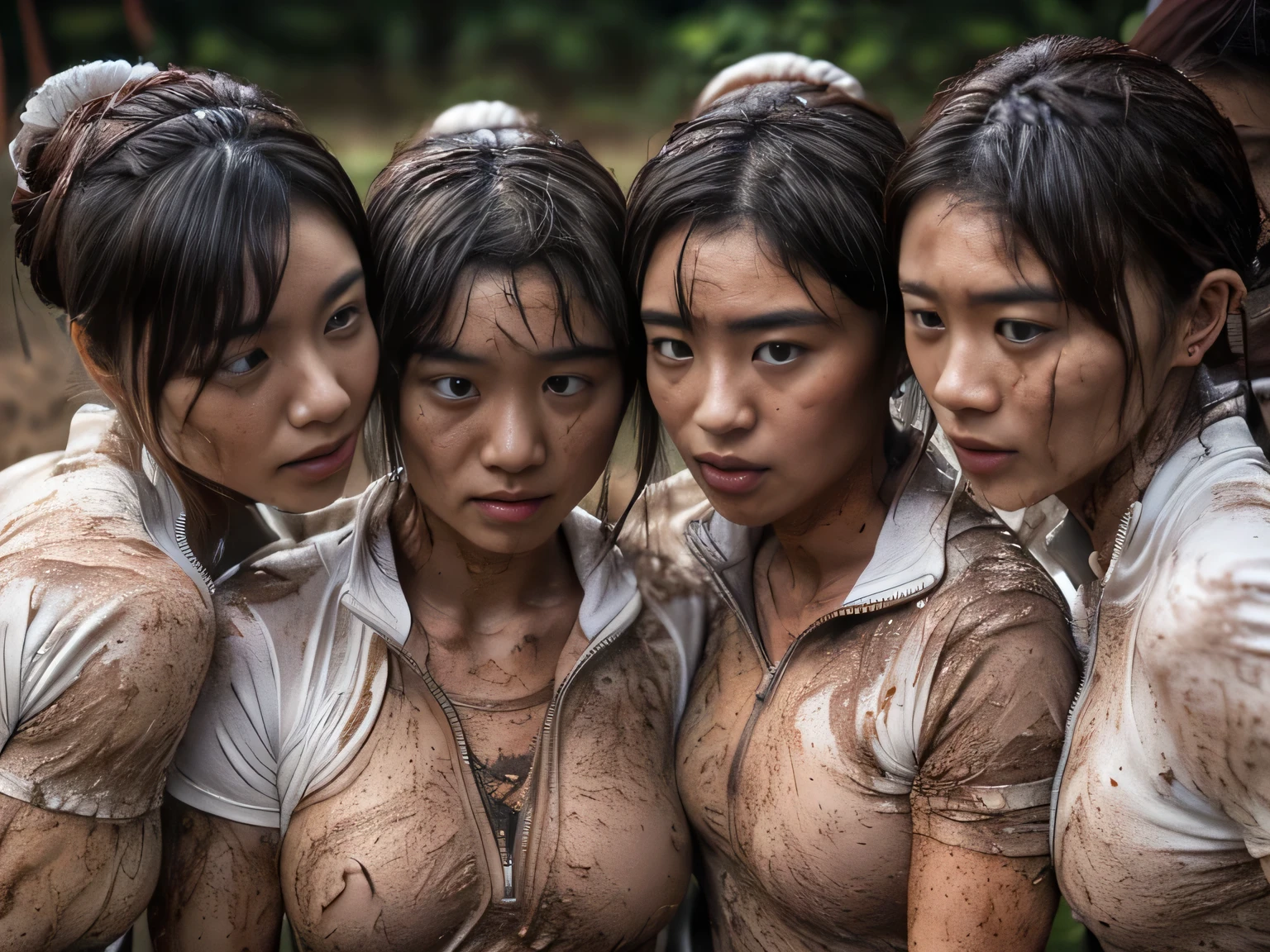 A beautiful naked Indonesian girl, sweaty, athletic body, average breasts, and hairy armpits, being carried by two women