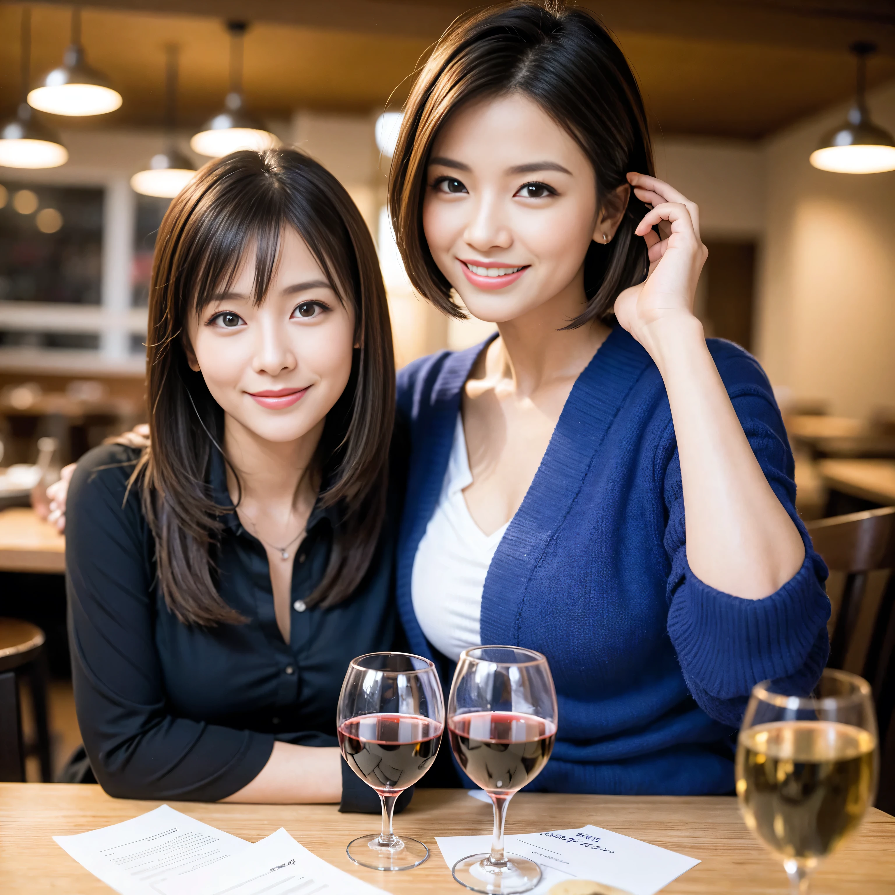 ((highest quality、8k、masterpiece:1.3))、1 male、1 female、Couple、Spouse、Satomi Ishihara-like beautiful couple、The body is slim、((Bob Hale、Straight hair:1.2)), (Realistic, Intricate details:1.2), Wine glass on the table、Shine light on your face、 Amazing view of the sunset sky and clouds、Amazing mountain views、A bright smile、The wonderfulness of smile、Bright image、The beauty of wine, Beautiful Face, blue eyes, The light shines on your face, Blushing, short hair,Bright Face、 (Age 35), 39 years old, red wine 、Appetizers、Italian food、Wine bottle、Champagne、sparkling wine、Two beauties、Brown Hair、Shortcuts、Long sleeve shirt、dress、Pretty Woman 1, (Slim face), (The body is slim), (Brown Hair), (Shortcuts), cheeks turn a little red,Attractive beauty、restaurant, In a prominent place (From the waist up) Nova Frog Style, actress, model, Upper Body, White wine, slim, wine glass, A wine glass placed in the center, smile, (smile: 1.15), Beautiful fine grain, Depth f/2,saturation, High Contrast, Strong light and shadow,Moist Body:1.5、3D texture、Delicate eyes、Brown Hair、The hair is very shiny、