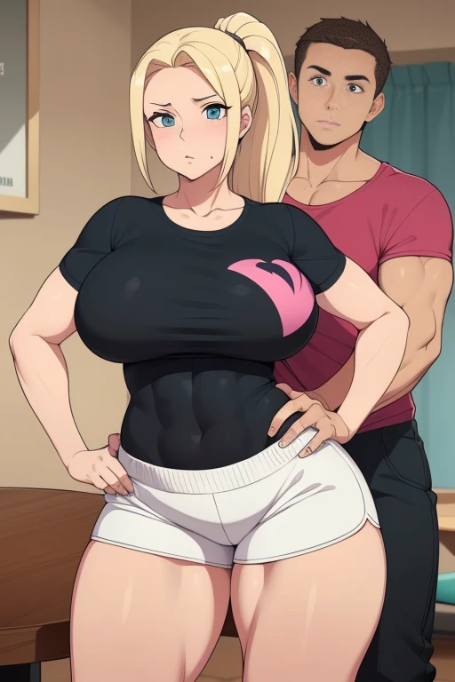 High resolution, (((two people in picture))), (one is a mature white girl, (((bimbo))), thick, long blonde, ponytail, she has a shocked look on her face, very big wide hips, thick thighs, hourglass figure, small round breast, ((she's wearing dolphin shorts)), a table is in between her and viewer, she's bent over the table), (the other is a young muscular man, he's in shorts and a T-shirt, the man standing directly behind her, ((his hand is on her hip groping it)))