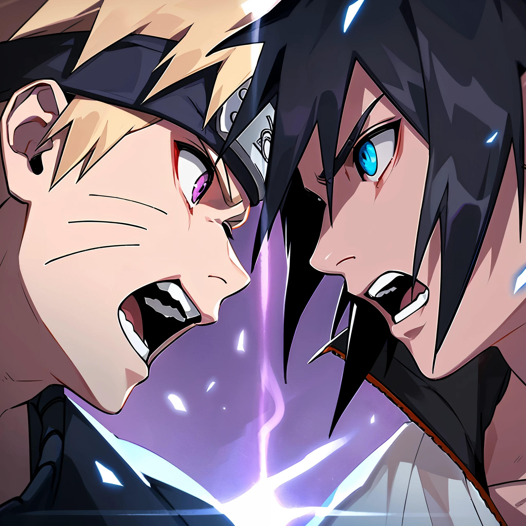 Japanese manga style, secondary, two people looking at each other, handsome side face, handsome sasuke with short purple hair and naruto with short blonde hair, looking at each other, next to each other, close up of character's head, facial expression fighting status, SD exquisite HD, super fine HD original art, handsome face, handsome, bright coloured pupils of the eyes, Naruto, secondary, Japanese manga style, cartoon IP, best picture quality, professional lola, soft focus ethereal Lighting style, 2. 5 style Extremely detailed cg unity 8k wallpaper, Extremely detailed cg unity 8k, Dramatic, Extremely detailed cg unity 8k, 2D, LORA, 2D --s 750 --iw 2 --niji 5