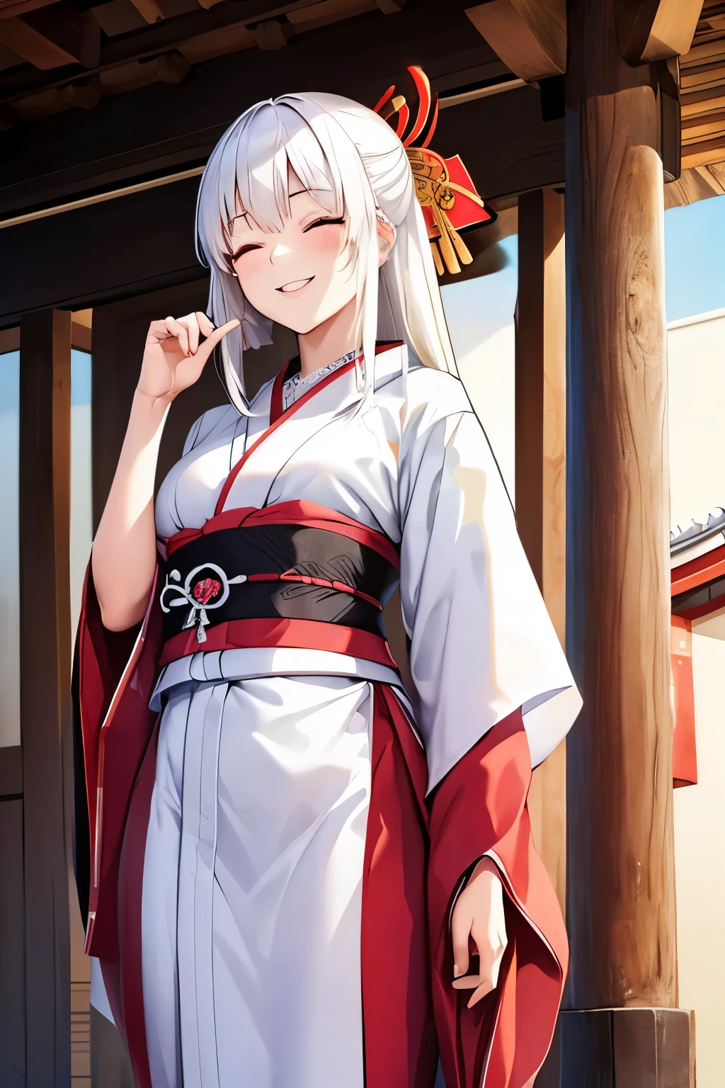 White-haired woman、kimono、Shrine maiden、cool、Smiling with eyes closed、Long Hair