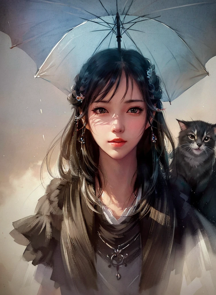 there are two pictures of a woman with an umbrella and a cat, artwork in the style of guweiz, guweiz, beautiful character painting, guweiz on artstation pixiv, guweiz on pixiv artstation, stunning anime face portrait, beautiful digital artwork, wlop rossdraws, detailed digital anime art, guweiz masterpiece