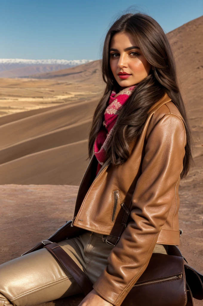 A portrait of an Armenian woman with warm, kind eyes and flowing, sunlit brown hair, showcasing her natural beauty complemented by soft makeup and red lipstick, adorned in a hazelnut tan leather jacket, fitted skinny trousers, leaning on riding boots, a pink scarf around her neck, a leather backpack casually resting by her side, captured from the waist up against the backdrop of the Armenian landscape.
