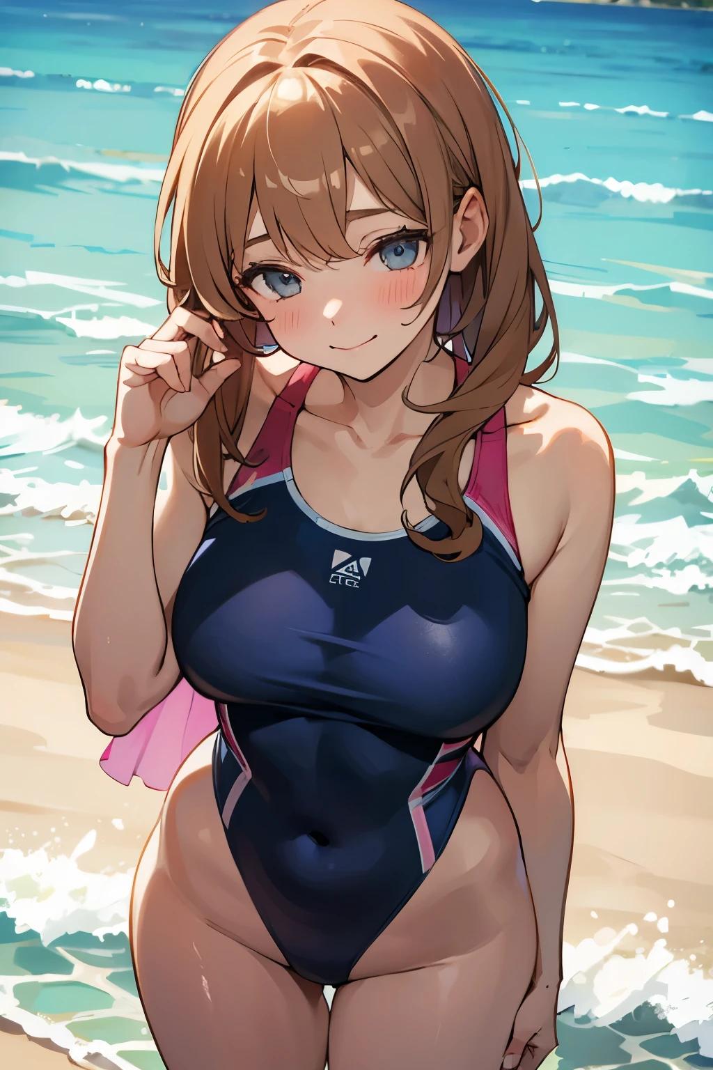 Woman in swimsuit, Hiding eyes with hand, standing, embarrassed smile, masterpiece, best quality, super detail