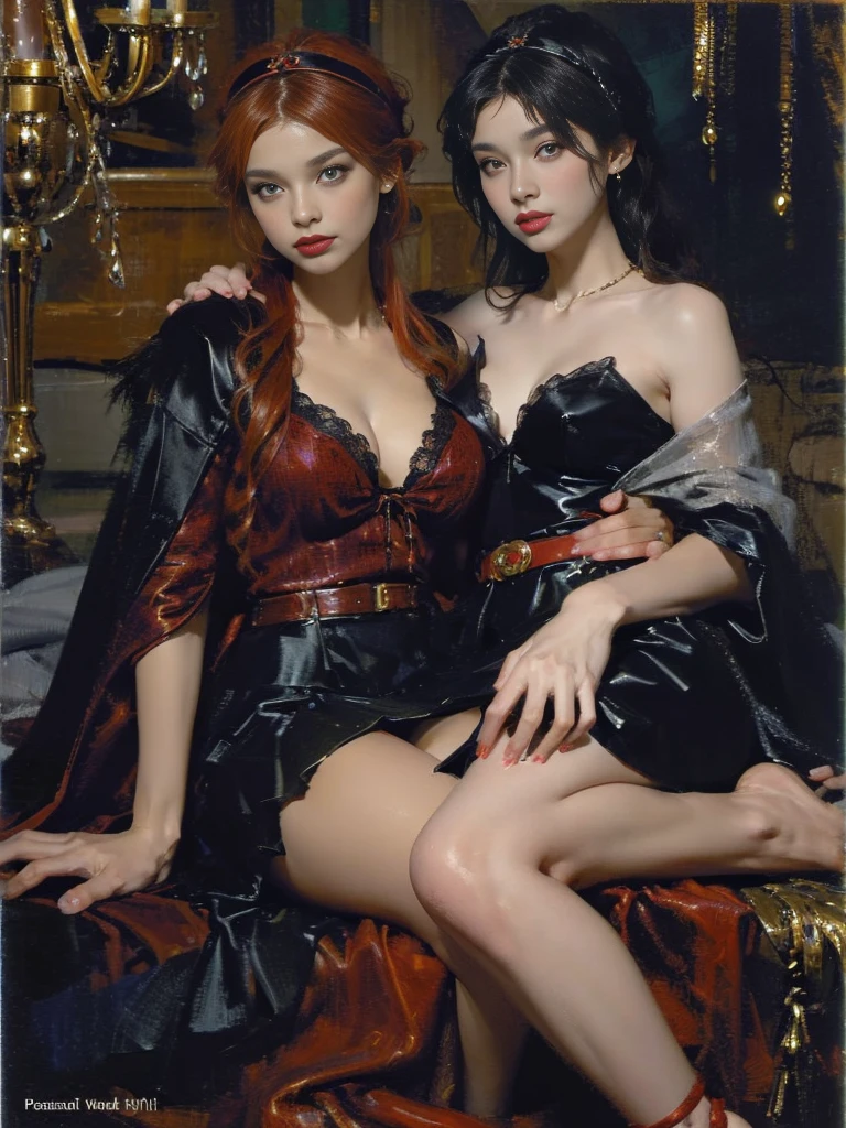 Depicts a powerful werewolf hugging a blonde girl，(((black humanoid wolf)))，(((Black furry humanoid wolf)))，(((beautiful sexy girl)))，(((Girls wear：red head band, cloaks, Large bra, a skirt, red long skirt，laced dress)))，((Sexual suggestiveness))，Correct anatomy，Detailed faces, Detailed eyes，(((the right proportions)))，The city at night，The lights came on，romantic love story，Warm pictures，Warm color palette，(post impressionist),(Fechin Oil Painting - Fechin Oil Painting , oil painted), 003，3