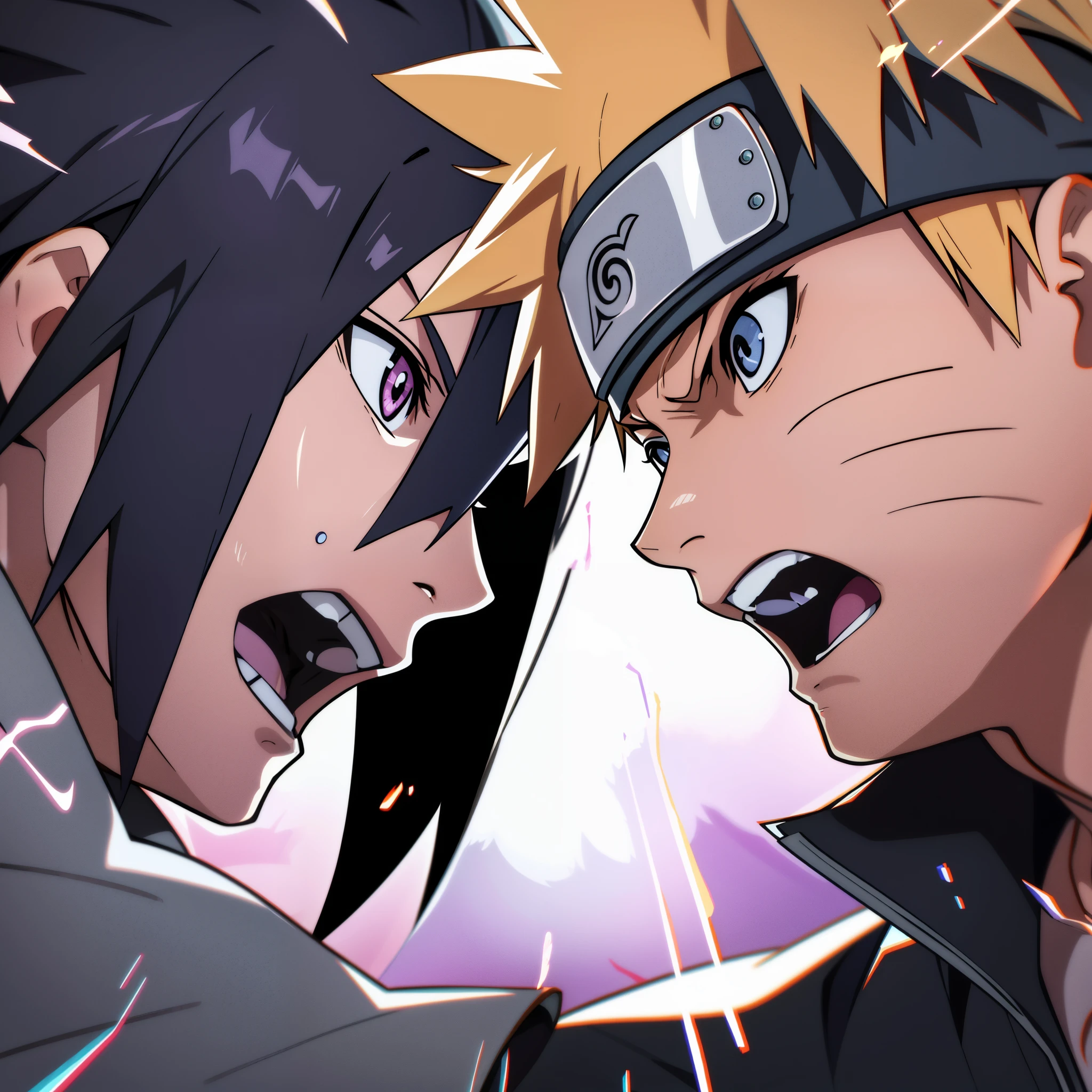 Japanese manga style, secondary, two people looking at each other, handsome side face, handsome sasuke with short purple hair and naruto with short blonde hair, looking at each other, next to each other, close up of character's head, facial expression fighting status, SD exquisite HD, super fine HD original art, handsome face, handsome, bright coloured pupils of the eyes, Naruto, secondary, Japanese manga style, cartoon IP, best picture quality, professional lola, soft focus ethereal Lighting style, 2. 5 style Extremely detailed cg unity 8k wallpaper, Extremely detailed cg unity 8k, Dramatic, Extremely detailed cg unity 8k, 2D, LORA, 2D --s 750 --iw 2 --niji 5
