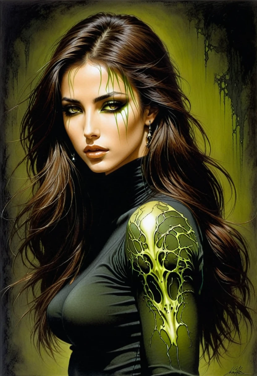 Illustration by Luis Royo. Black background. Beautiful Lebanese woman with long brown hair. Ideal anatomy, beautiful expressive look. She wears a black turtleneck and olive green skinny jeans. Its back side faces the camera.
