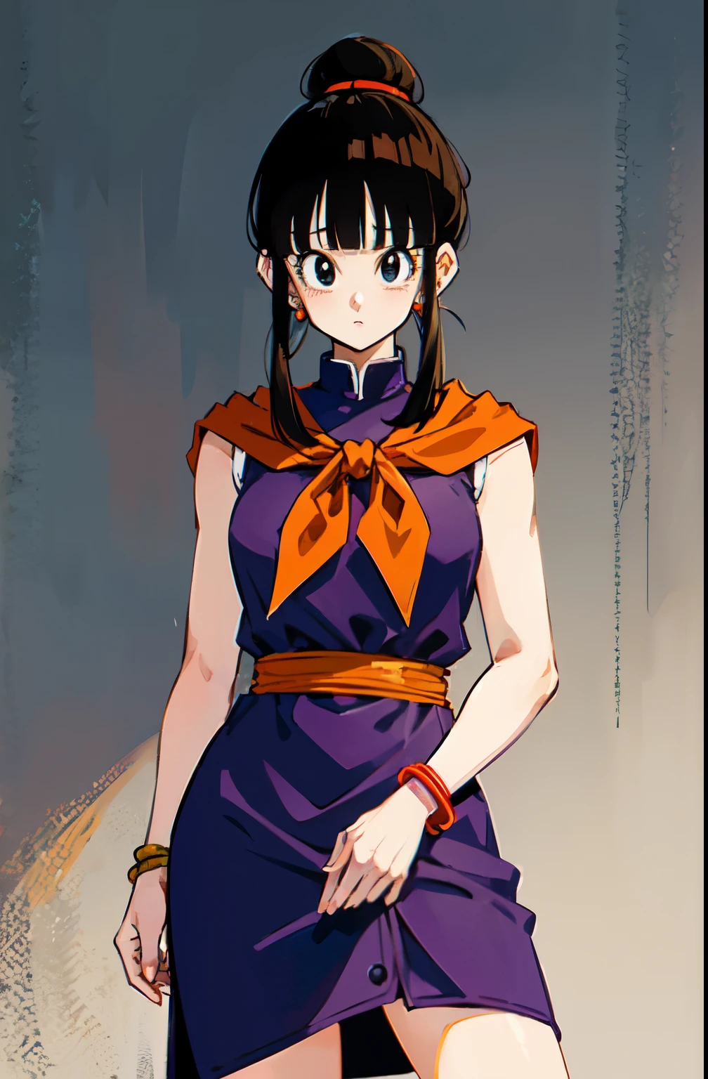 dragon ball, bbchichi, single hair bun, hair bun, blunt bangs, sidelocks, black eyes, earrings, orange neckerchief, orange scarf, purple dress, sleeveless, bracelet, ultra detailed, masterpiece, best quality, aesthetic, detailed,