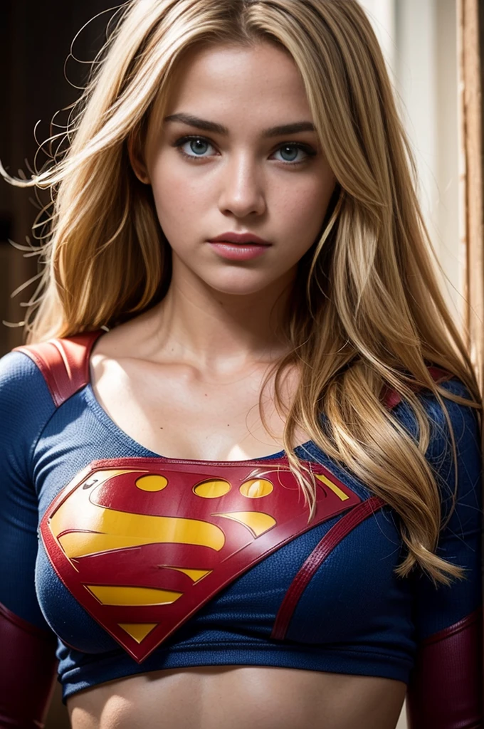 Hyperrealist portrait of a 19 years old supergirl by david hockney and alphonse mucha,fantasy art, photo realistic, dynamic lighting, artstation, poster, volumetric lighting, very detailed face, 8 k, award winning photo,1girl, in the dark, full body, low key, cowgirl shot, (official clothing:1.2) , long hair, blond-white hair, blue eyes