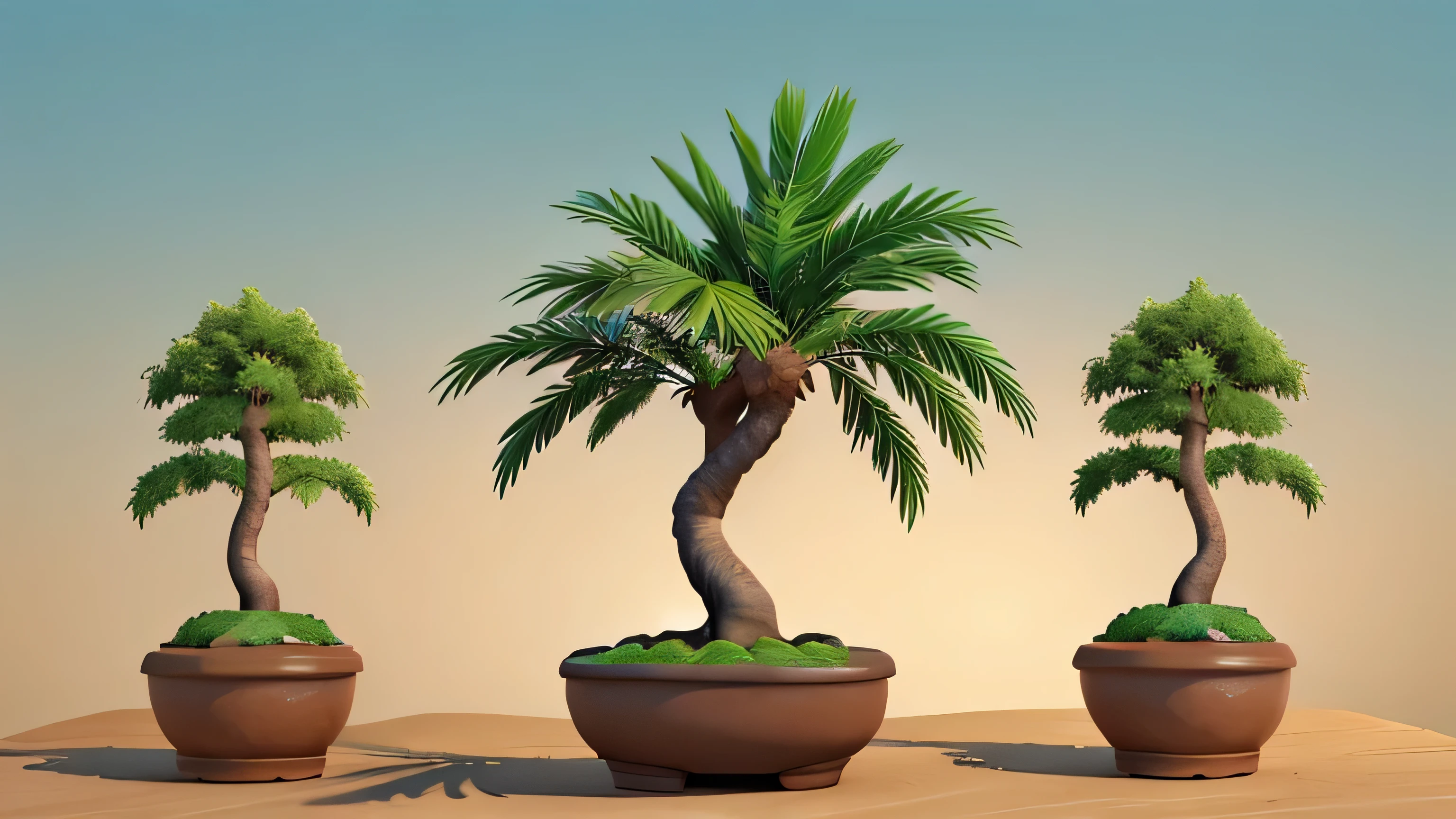 3D image of a palm tree made into bonsai