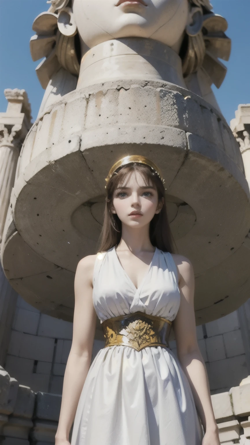 A fair-skinned girl with blue eyes, oval face, and perfect features, wearing a sleeveless white dress, standing in a Greek mythological setting with Athena's glory, ancient Greek and Roman architecture in the background, (masterpiece:1.2), best quality, masterpiece, highres, original, extremely detailed, perfect lighting, (extremely detailed CG:1.2)