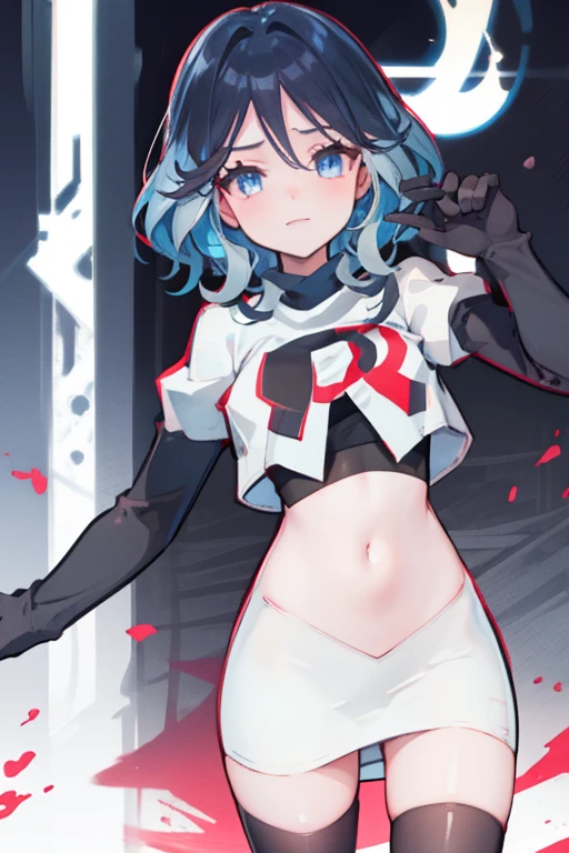 One girl, Delicate face, of the highest quality, The 8k quality, team rocket,team rocket uniform,white skirt,red letter R,crop top,black thigh-highs,black elbow gloves
