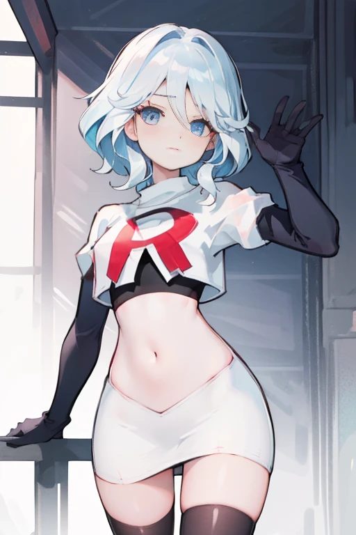 One girl, Delicate face, of the highest quality, The 8k quality, team rocket,team rocket uniform,white skirt,red letter R,crop top,black thigh-highs,black elbow gloves