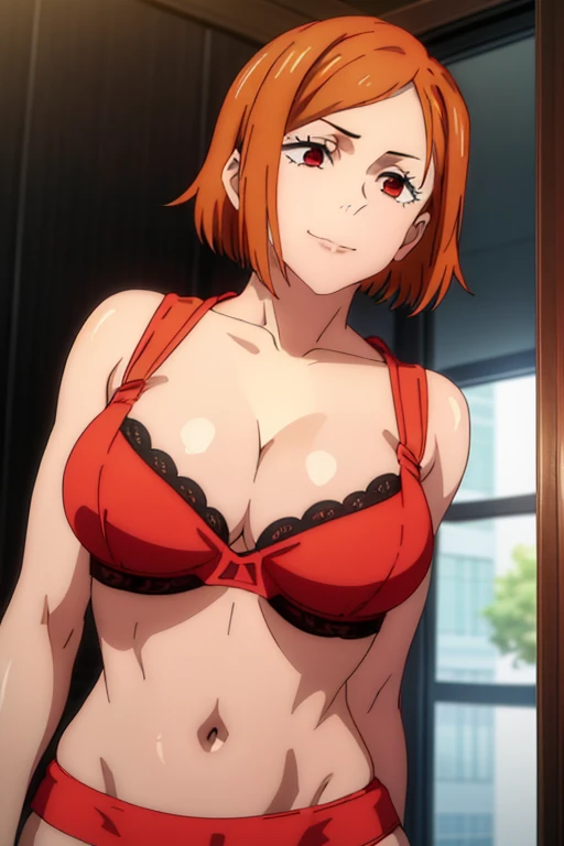 (Best Quality, masterpiece, High resolution, anime screen cap, anime colours), Orange hair, Nobara Kugisaki, Smile:1.3, (large full breasts:1.5), cleavage, (Thin fabric, Red Bra:1.8, no-bra:1.5), Slimed, Leaning forward, Upper body, Change room, (Perfect Anatomy, perfect detailed body, Eyes and hair in beautiful detail, Beautiful breasts and skin), armpits, armpits visible,