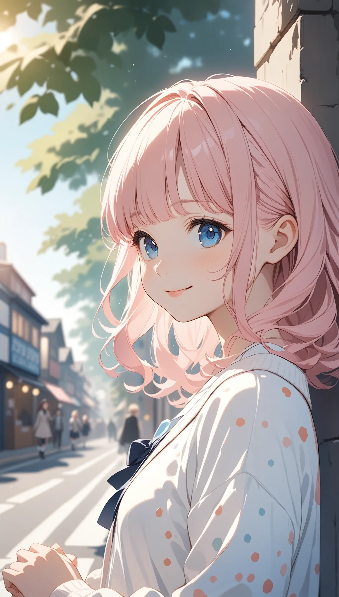 Anime Style, Very detailedなイラスト, Very detailed, beautiful, 8k, ( alone), e babuper cute, smile,｛school uniform, Plain,Plain cardigan｝, (Outdoor, Town Street) ,Pink Hair,short straight bangs, smile,blue eyes, , Raise the hand, From the side ,(Speckled sunlight:1.2),Blurred,(Written boundary depth:1.1),Tilt your head,(Thigh-high socks:1.3),(Upper Body:1.3)
