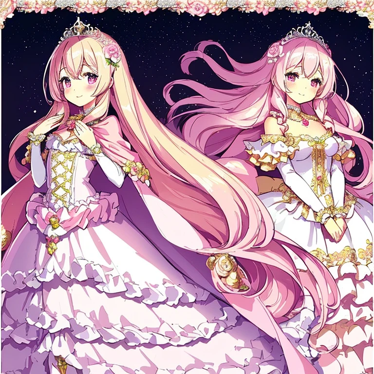 (kawaii),(best quality),(ultra detailed),(rococo style),(long train pastel pink cape:1.15), very long cape,(long train white ball gown with flower decorations:1.1), a girl is wearing a cape over her gown, 1 little princess, tiara, smile, very long hair, small breasts, beautiful detailed eyes, beautiful detailed lips, looking at viewer