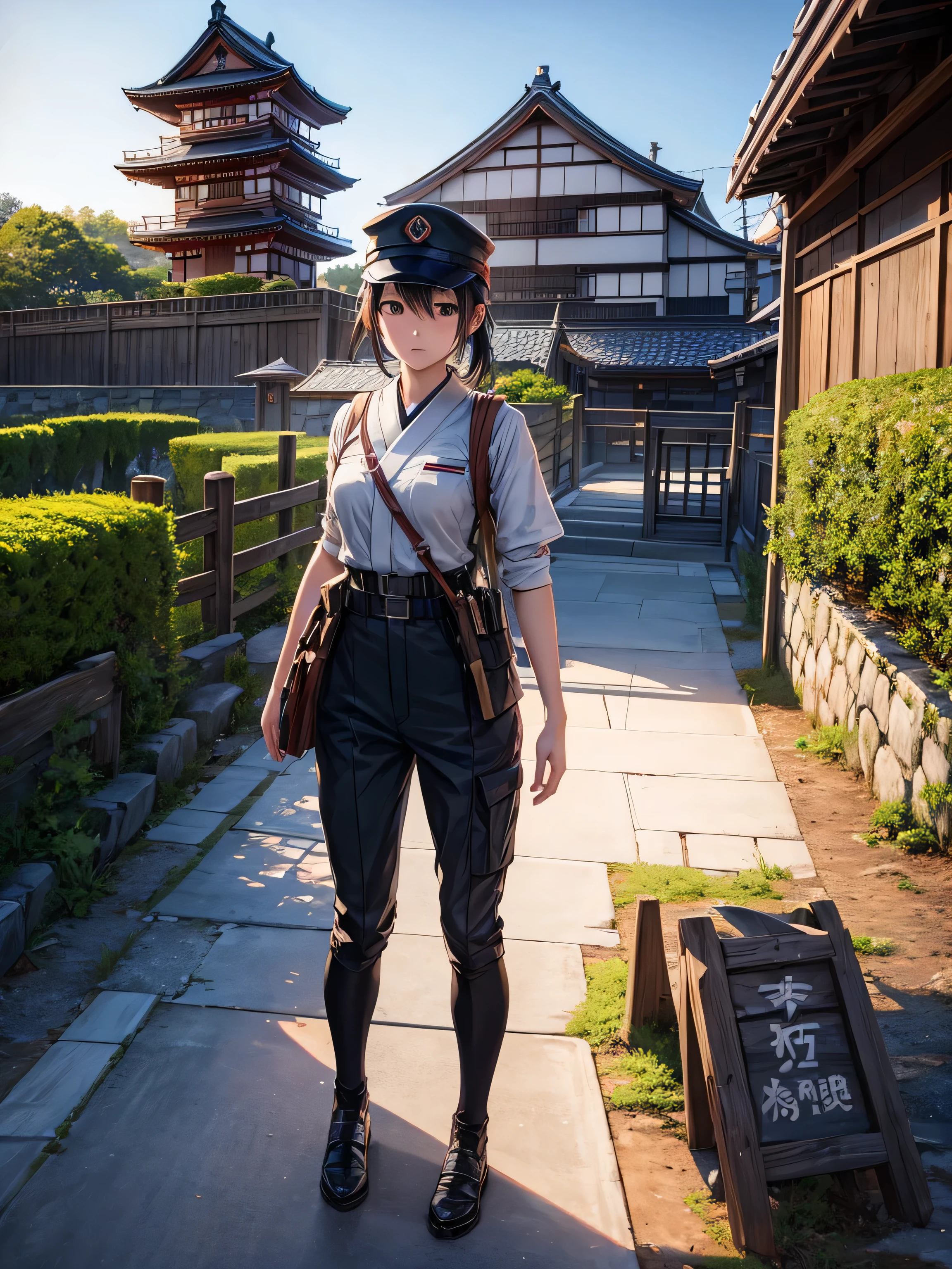Japan, A modern female soldier is climbing the wooden gate of a castle, masterpiece, High resolution, masterpiece