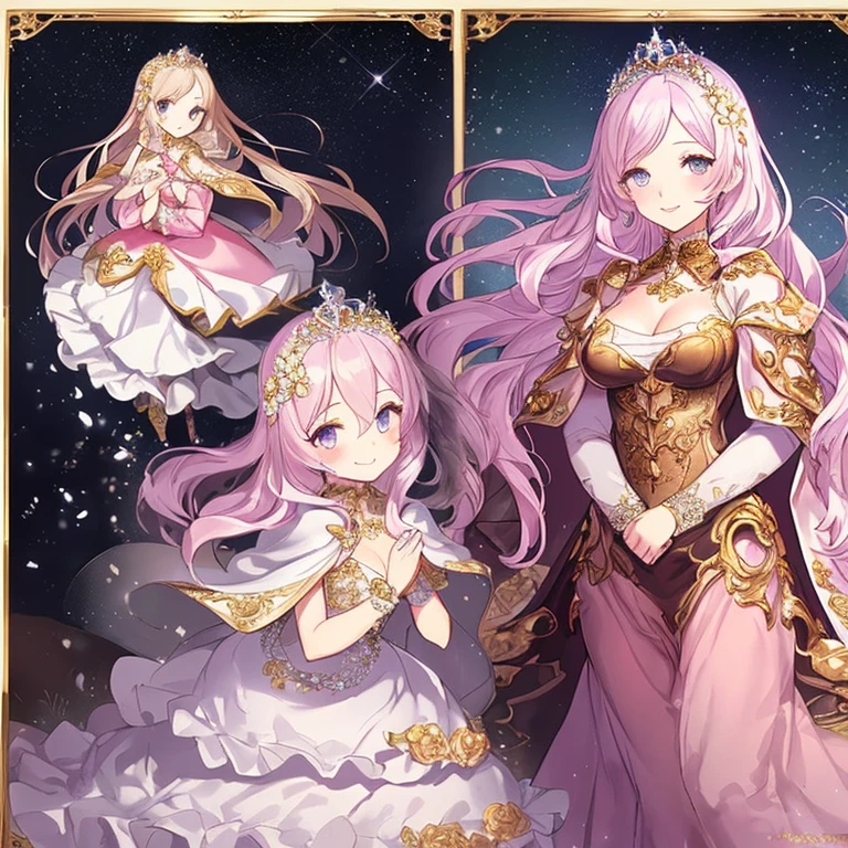 (kawaii),(best quality),(ultra detailed),(rococo style),(long train pastel pink cape:1.15), very long cape,(long train white ball gown with flower decorations:1.1), a girl is wearing a cape over her gown, 1 little princess, tiara, smile, very long hair, small breasts, beautiful detailed eyes, beautiful detailed lips, looking at viewer