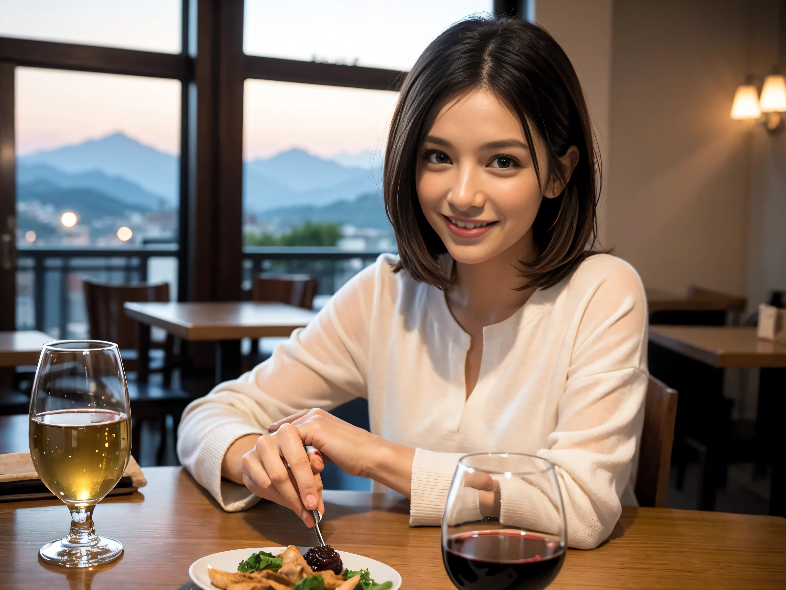 ((highest quality、8k、masterpiece:1.3))、1 male、1 female、Satomi Ishihara-like beautiful couple、Spouse、Couple、The body is slim、((Bob Hale、Straight hair:1.2)), (Realistic, Intricate details:1.2), Wine glass on the table、Shine light on your face、 Amazing view of the sunset sky and clouds、Amazing mountain views、A bright smile、The wonderfulness of smile、Bright image、The beauty of wine, Beautiful Face, blue eyes, The light shines on your face, Blushing, short hair,Bright Face、 (Age 37), 39 years old, red wine 、Appetizers、Italian food、Wine bottle、Champagne、sparkling wine、Two beauties、Brown Hair、Shortcuts、Long sleeve shirt、dress、Pretty Woman 1, (Slim face), (The body is slim), (Brown Hair), (Shortcuts), cheeks turn a little red,Attractive beauty、restaurant, In a prominent place (From the waist up) Nova Frog Style, actress, model, Upper Body, White wine, slim, wine glass, A wine glass placed in the center, smile, (smile: 1.15), Beautiful fine grain, Depth f/2,saturation, High Contrast, Strong light and shadow,Moist Body:1.5、3D texture、Delicate eyes、Brown Hair、The hair is very shiny、