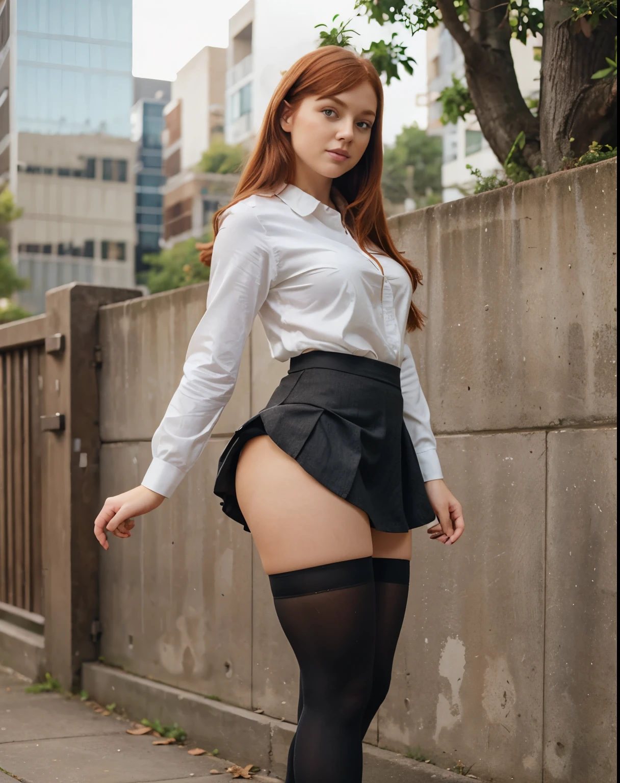 Thick redhead girl, skirt, tights, heels,