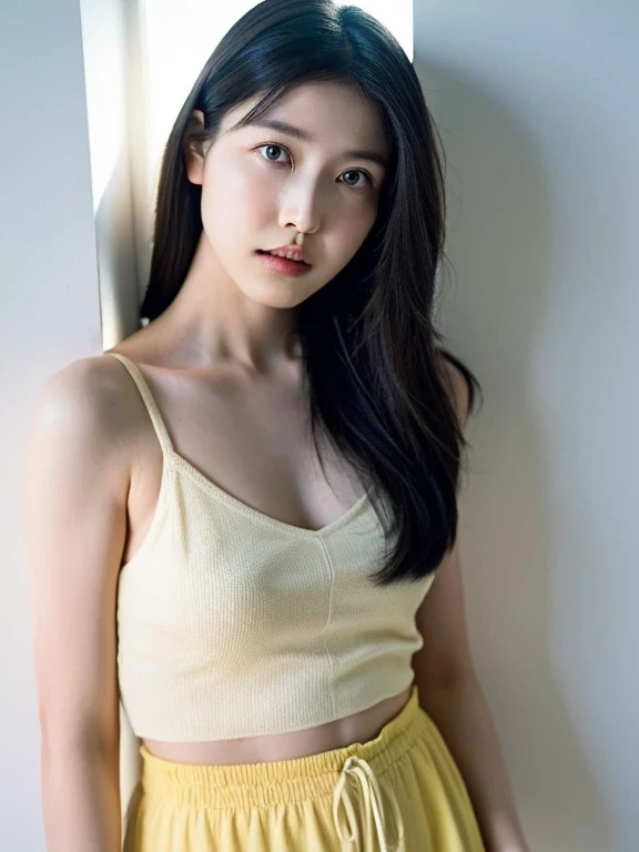 See-through tops、Big Breasts、camisole、Waistline、Abdominal muscles、Silky hair、(White wall as background、Part of her clothes is Yellow:1.4)、white wall、Taken in front of the white door、(A room with a white wall and a window)、((highest quality、8K、masterpiece:1.3))、ultra high resolution、(photorealistic:1.4)、raw photos、Japanese,(details face)、real、Shot in natural light、Highly detailed face and skin texture、highly detailed lips、correct state of the human body、medium hair、black hair、various poses、natural color lip