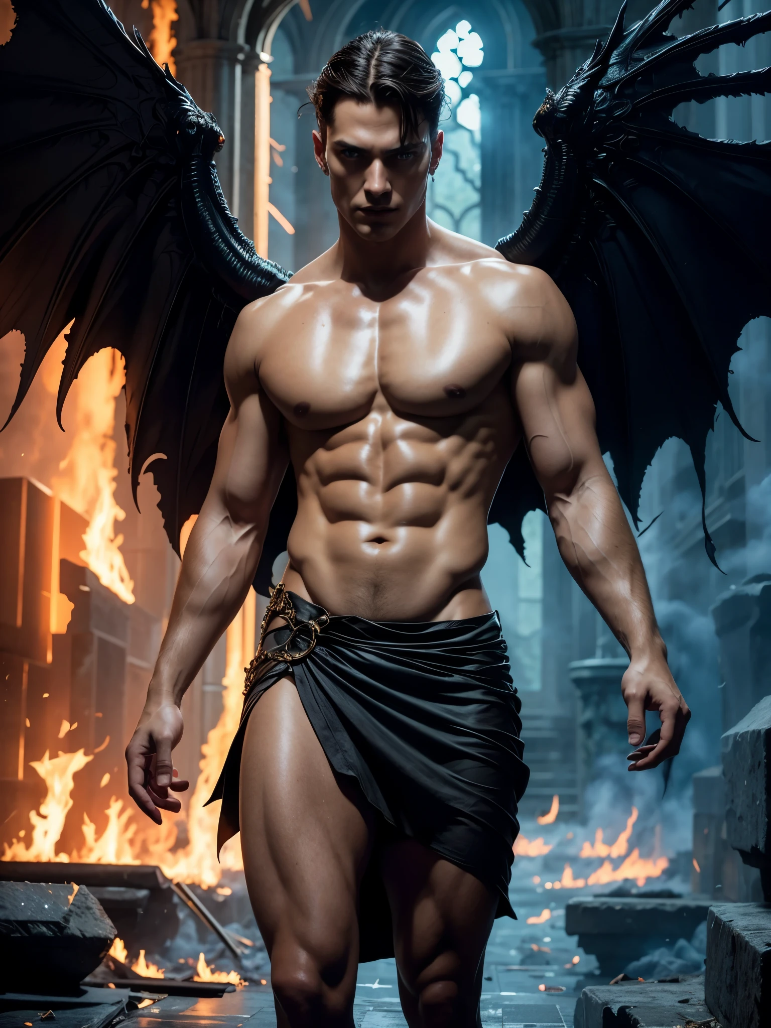 Photo-realistic, ((best quality)), ((masterpiece)), (detailed), perfect face, short hair, the devil, masculine portrait of the devil, personification of The Devil, evil look, super pale skin, (dark massive huge majestic black angel wings:1.2), black dragon horns, 18-year-old, super male model, handsome, tall, cute evil looking, dark look powerful, young male model, handsome mythical creature, super strong, muscular, fit, massive muscles, six pack, clean shave, blue eyes. wavy messy brown hair, short messy hair, messy wavy hair, shirtless, bare-chested, muscle, ripped, strong body, fit body, ancient linen Greek small skirt, antique black linen raped cloth skirt, Dark background 8k, high detailed, ultra-detailed, Stylish Pose, real skin texture, dramatic cinematic lighting, ruins Gothic cathedral, ruins, fire, (floor burning:1.4)