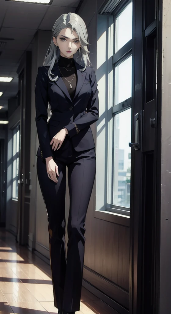 (((masterpiece))) Sae Niijima, wearing an office lady suit, long pants, in an office, standing, serious looks, bright