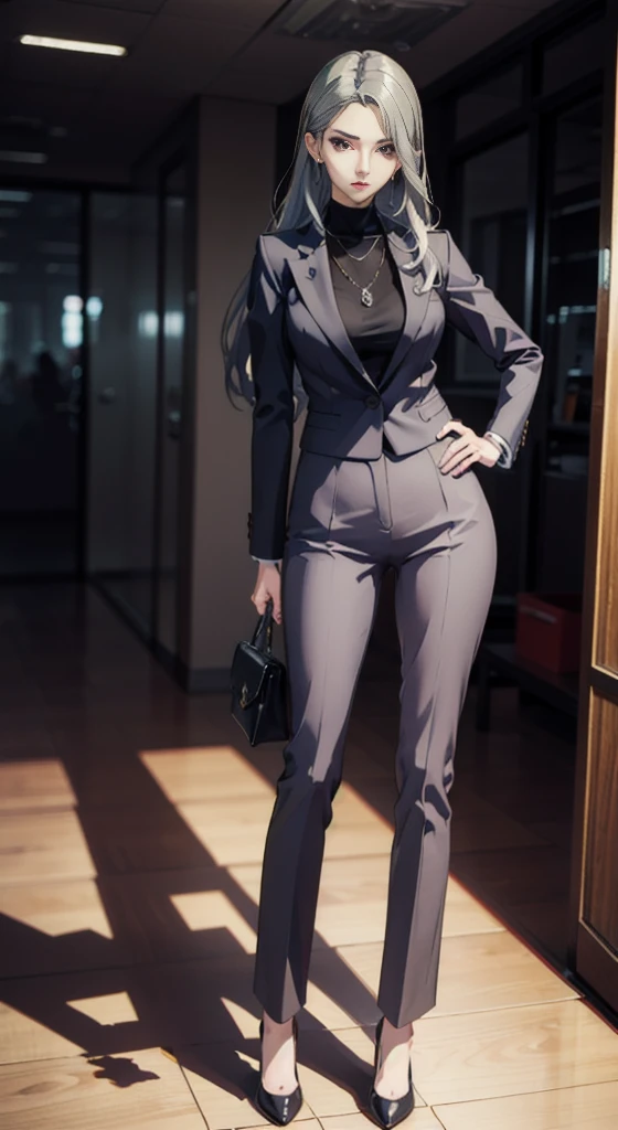 (((masterpiece))) Sae Niijima, wearing an office lady suit, long pants, in an office, standing, serious looks, bright