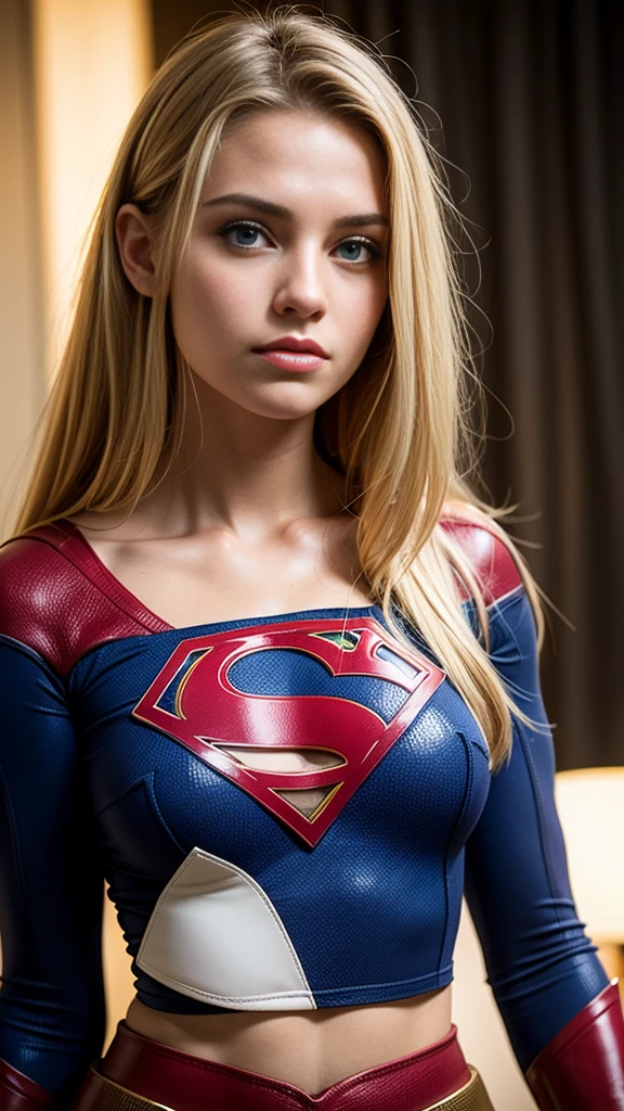 Hyperrealist portrait of a 19 years old supergirl by david hockney and alphonse mucha,fantasy art, photo realistic, dynamic lighting, artstation, poster, volumetric lighting, very detailed face, 8 k, award winning photo,1girl, in the dark, full body, low key, cowgirl shot, (official clothing:1.2) , long hair, blond-white hair, blue eyes