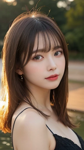 1 Japanese female, 40 years old, Very beautiful, (very cute), (Highly detailed beautiful face), Great face and eyes, Quite thick hair, Mr.々Hair style, My eyes got a little brighter, Normal makeup, (Camisole mini dress), (highest quality:1.4), (Super detailed), Highly detailed CG synthesis 8k wallpaper, Surreal, (Photorealistic:1.4), Raw photo, Professional photography, Cinema Lighting, Realistic portraits, ((Bokeh)), (Depth of written boundary:1.4), (View Photographer:1.3), (In a park with a pond), Small breasts, Very small waist, (Esbian all over), Accurate Eyes, Beautiful mouth, (Keep your mouth completely closed), (evening:1.3), (Looking at the camera), (Amazing sunset:1.25), Sleeveless, Melancholic expression