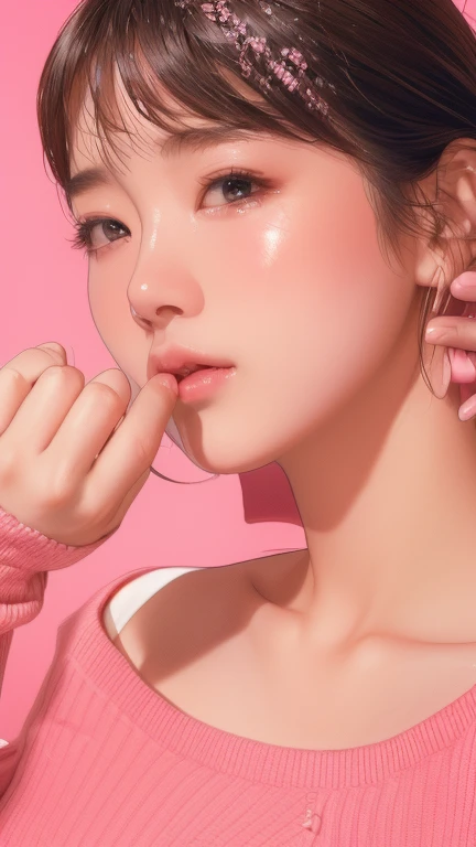 Photographed by a professional photographer、, UHD, accurate, anatomically correct, textured skin, super detail, high details, best quality, 8k, A Japanese woman wearing a pink sweater holds her hands over her ears, riho yosioka,　Riho Yoshioka、cute，Shoulders exposed、
