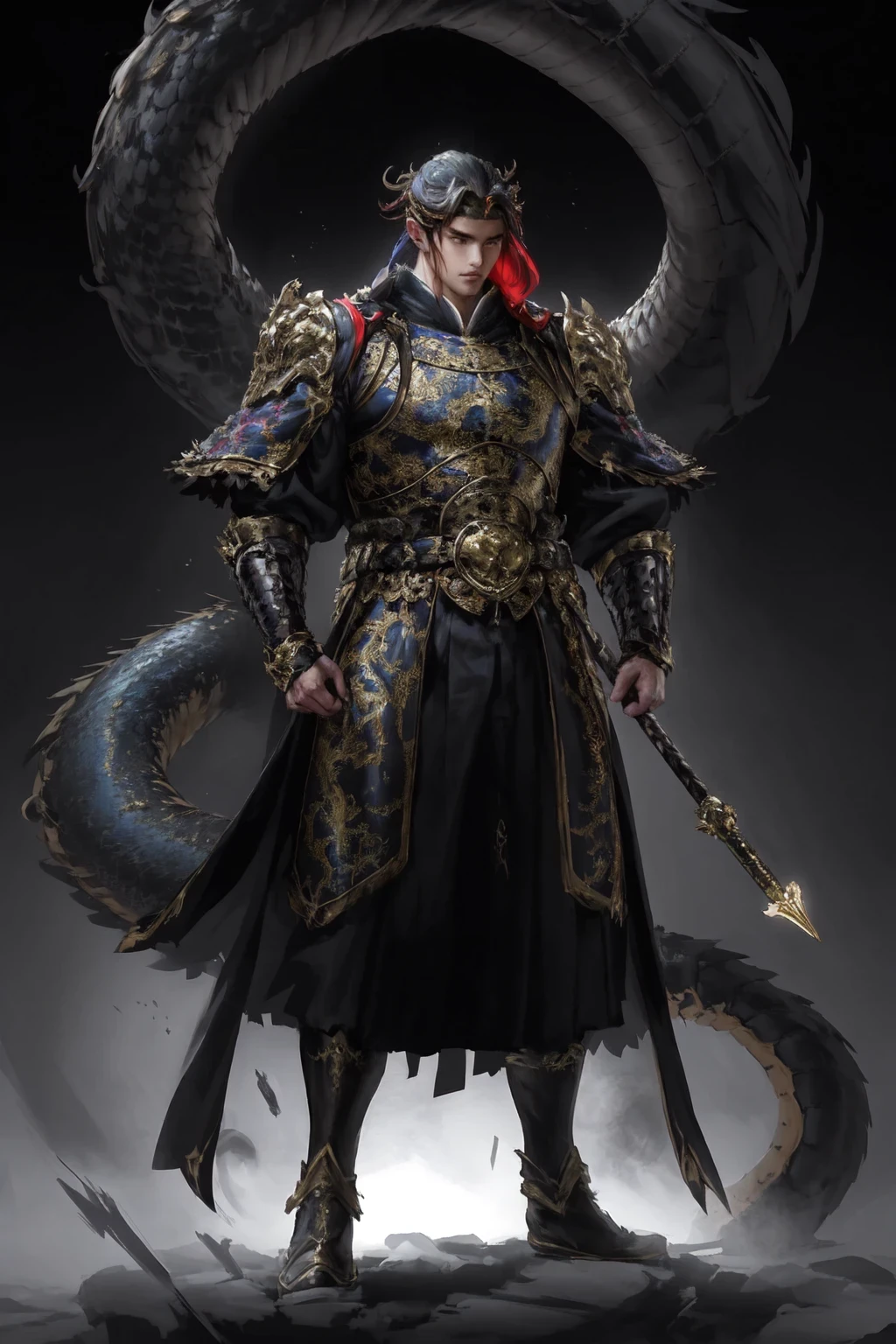 Dragon Fei, a sturdy and muscular male protagonist with a build that mirrors his bravery and strength as a general. His deep gaze and firm jawline portray his decisiveness and courage on the battlefield. In the heat of battle, Dragon Fei dons exquisite armor adorned with intricate dragon motifs, symbols of his noble status and bravery. The armor's metallic sheen highlights his strong physique, making him an imposing presence on the battlefield.

However, in his ordinary times, Dragon Fei prefers to wear simple yet elegant ancient official robes, predominantly dark in color. These robes exude a sense of composure and refinement