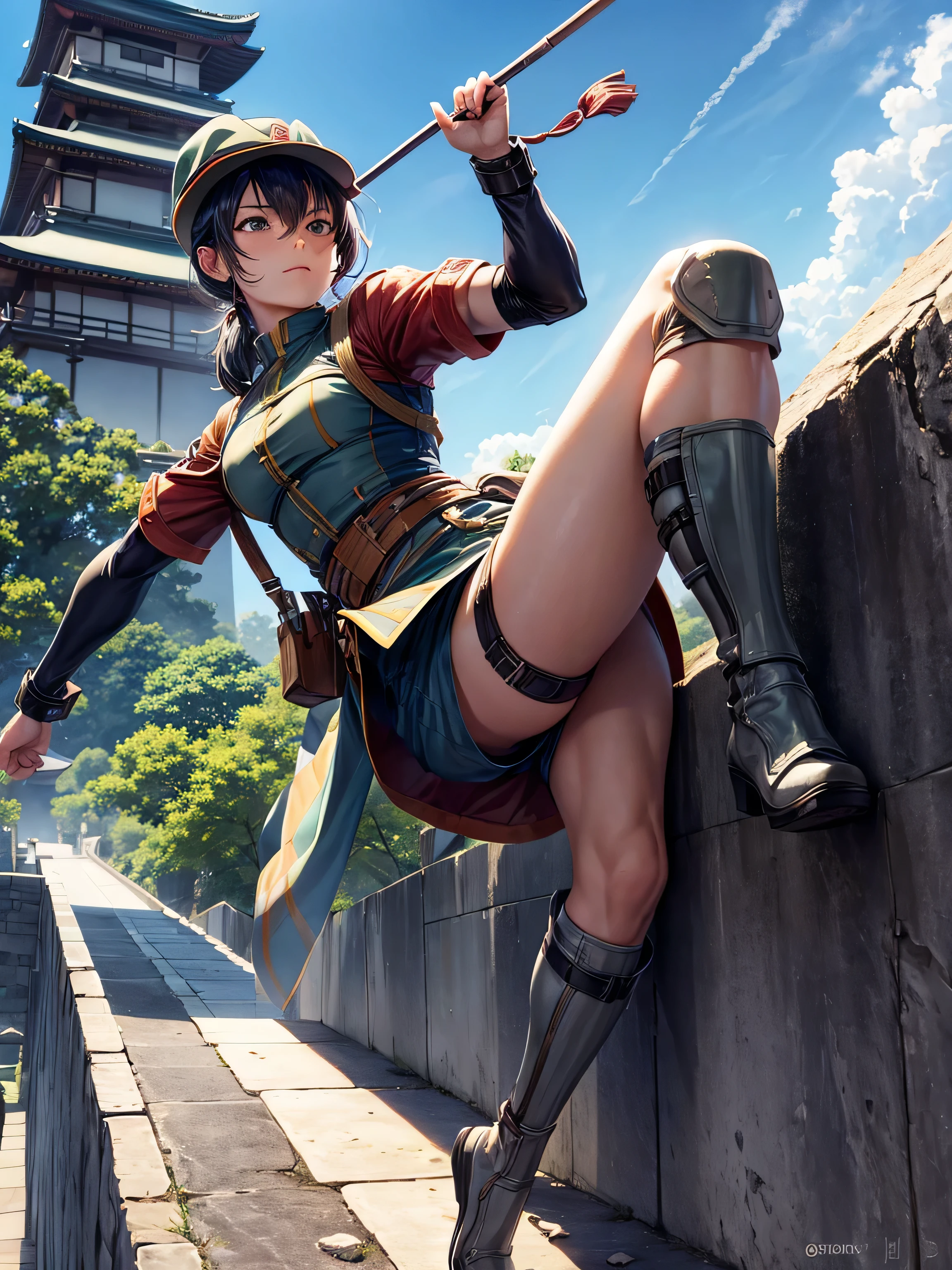 Japan, A muscular modern female soldier climbing a castle wall, masterpiece, High resolution, masterpiece
