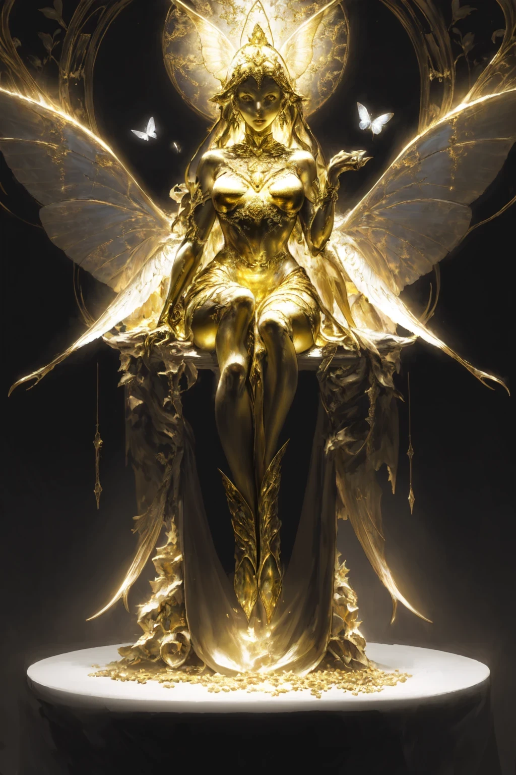 gold leaf art：1.5.Made of platinum，statue，Still Life Table Setting，dark background，Woman portrait sculpture，look up，Golden butterfly on cheek，Hollow butterfly wings，Gold Crumbs，Gold particles，modern style, High resolution, artwork，Advanced complex technology，
