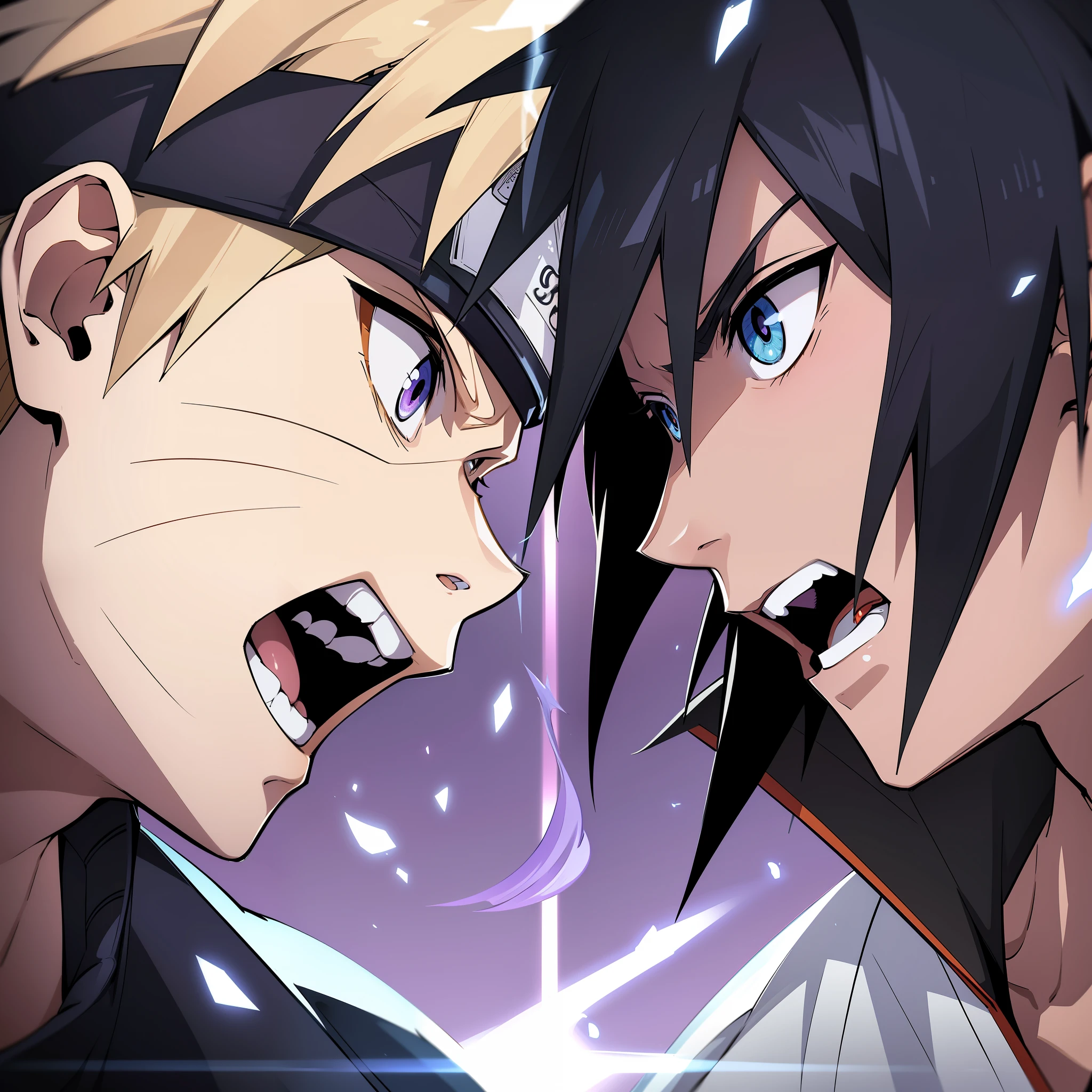 Japanese manga style, secondary, two people looking at each other, handsome side face, handsome sasuke with short purple hair and naruto with short blonde hair, looking at each other, next to each other, close up of character's head, facial expression fighting status, SD exquisite HD, super fine HD original art, handsome face, handsome, bright coloured pupils of the eyes, Naruto, secondary, Japanese manga style, cartoon IP, best picture quality, professional lola, soft focus ethereal Lighting style, 2. 5 style Extremely detailed cg unity 8k wallpaper, Extremely detailed cg unity 8k, Dramatic, Extremely detailed cg unity 8k, 2D, LORA, 2D --s 750 --iw 2 --niji 5