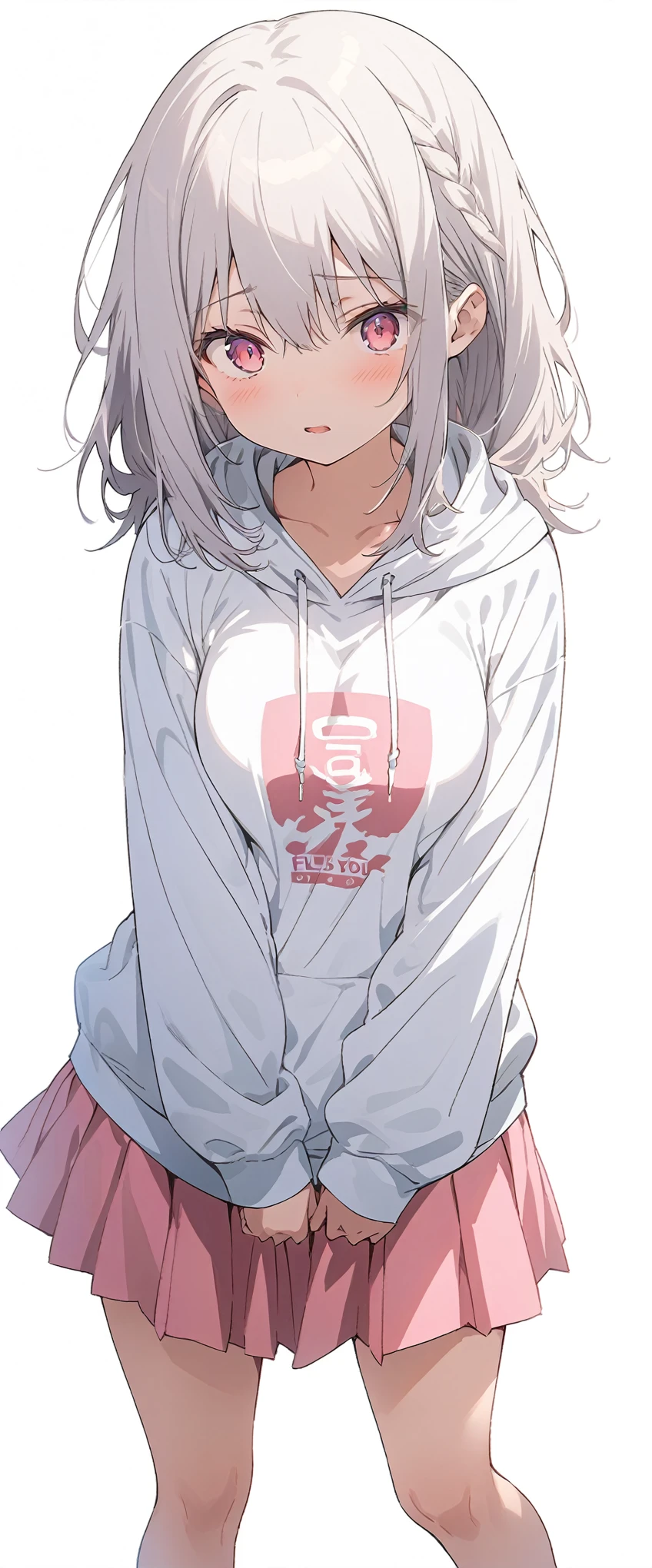 White background、white background、Blank background、Ultra-high resolution, highest quality,Solo,just standing girl, One young girl、Full body view from the front、fish-bone braid hair、Fishbone Hair、grayish white hair、beautiful detailed eyes、Grey hair x pink eyes、pink eyes、Drop your gaze、face down、Depressed expression、Ample breasts、Plain white hoodie、Pink pleated skirt、barefoot