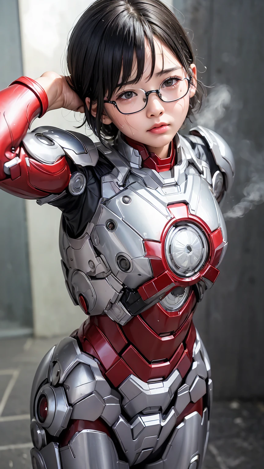 highest quality　8k Iron Man Suit Girl　Kindergarten girl　Sweaty face　cute　short hair　boyish　Steam coming from the head　My hair is wet with sweat　Black hair feel　Full body portrait　My upper body is soaked　Glasses