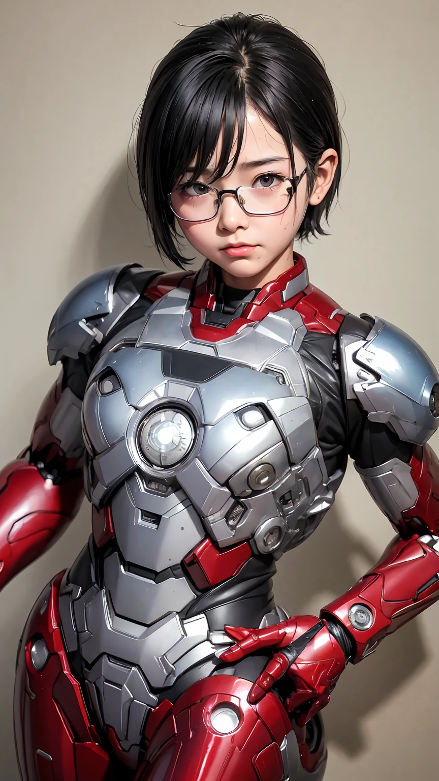 highest quality　8k Iron Man Suit Girl　Kindergarten girl　Sweaty face　cute　short hair　boyish　Steam coming from the head　My hair is wet with sweat　Black hair feel　Full body portrait　My upper body is soaked　Glasses