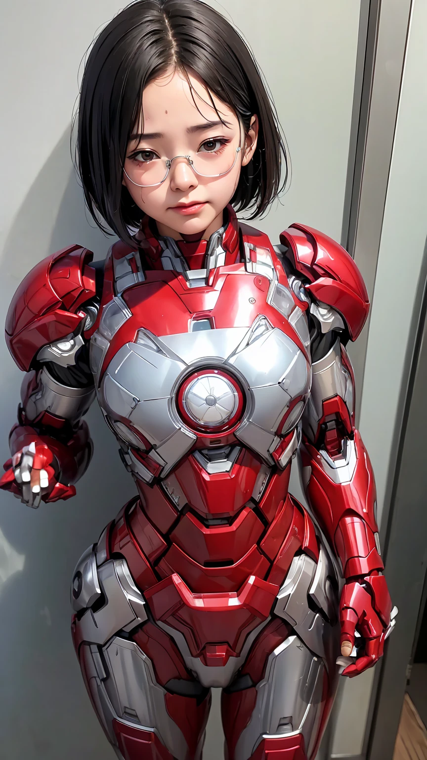 highest quality　8k Iron Man Suit Girl　Kindergarten girl　Sweaty face　cute　short hair　boyish　Steam coming from the head　My hair is wet with sweat　Black hair feel　Full body portrait　My upper body is soaked　Glasses